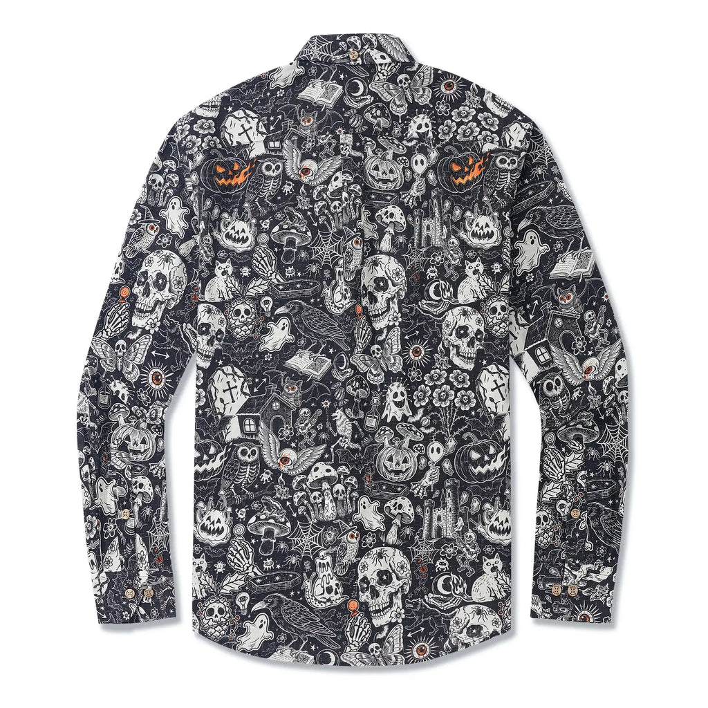 Halloween Gift Men's Hawaiian Shirt Long Sleeve Button-down 100% Cotton Black Aloha Halloween Bash
