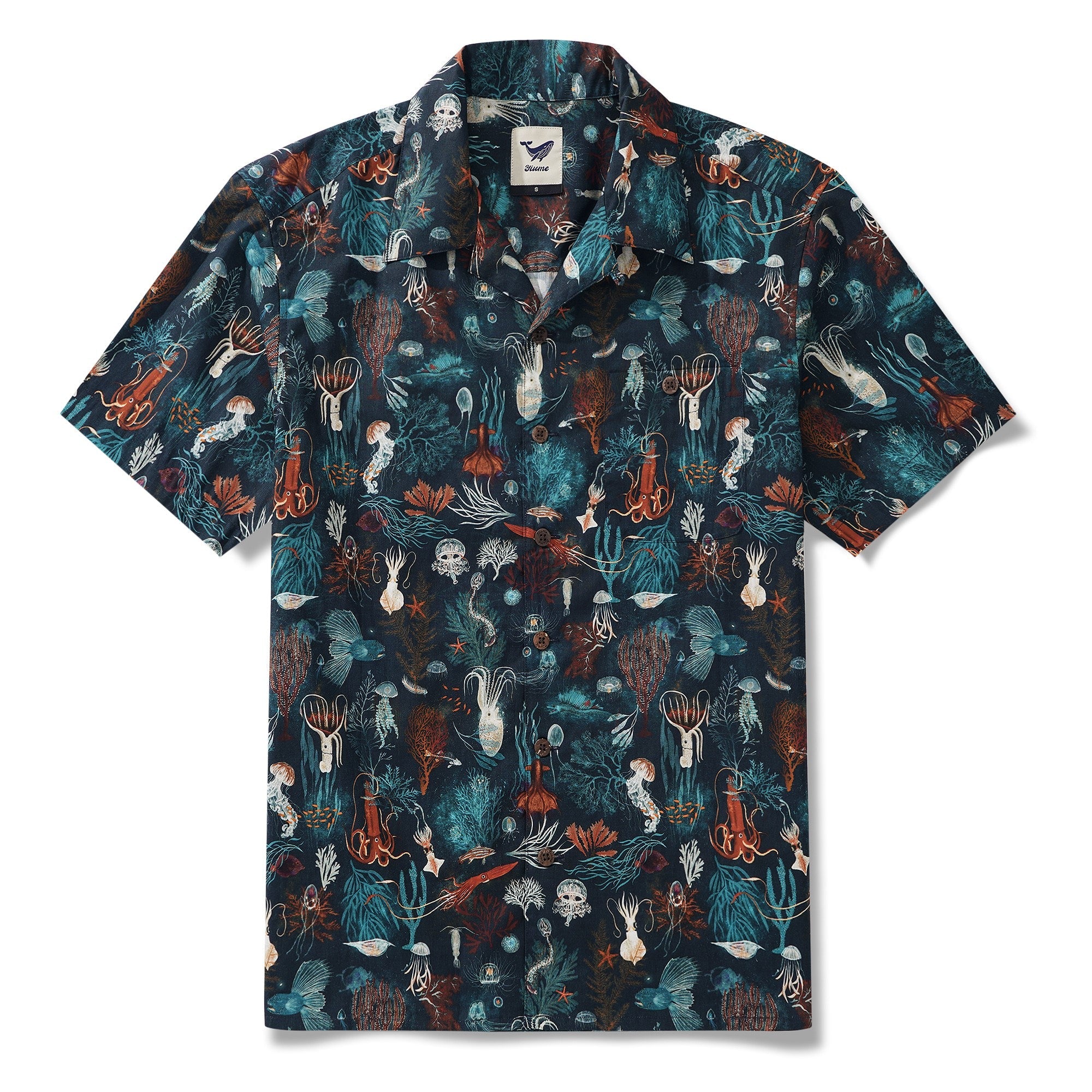 Men's Hawaiian Shirt Short Sleeve Camp Collar 100% Cotton Blue Aloha Underwater Love By Katherine Quinn