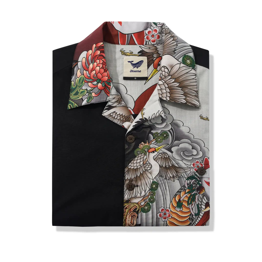 Men's Hawaiian Shirt Short Sleeve Camp Collar 100% Cotton Black Kitsune Mask And Rooster Aloha The Edo Mythos
