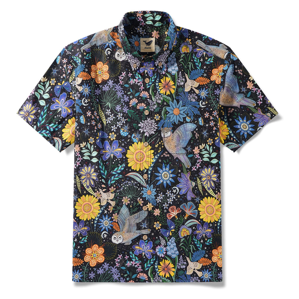 Men's Hawaiian Shirt Short Sleeve Button-down 100% Cotton Beige Aloha Owl's Secret Garden