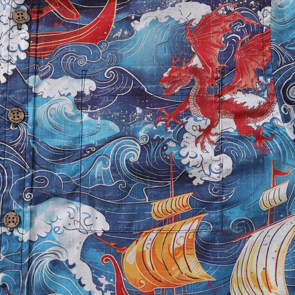 Yiume Viking Hawaiian Shirt For Men Dragon-Hunting Button-down Short Sleeve Cotton Beach Shirt Dragon-hunting Viking