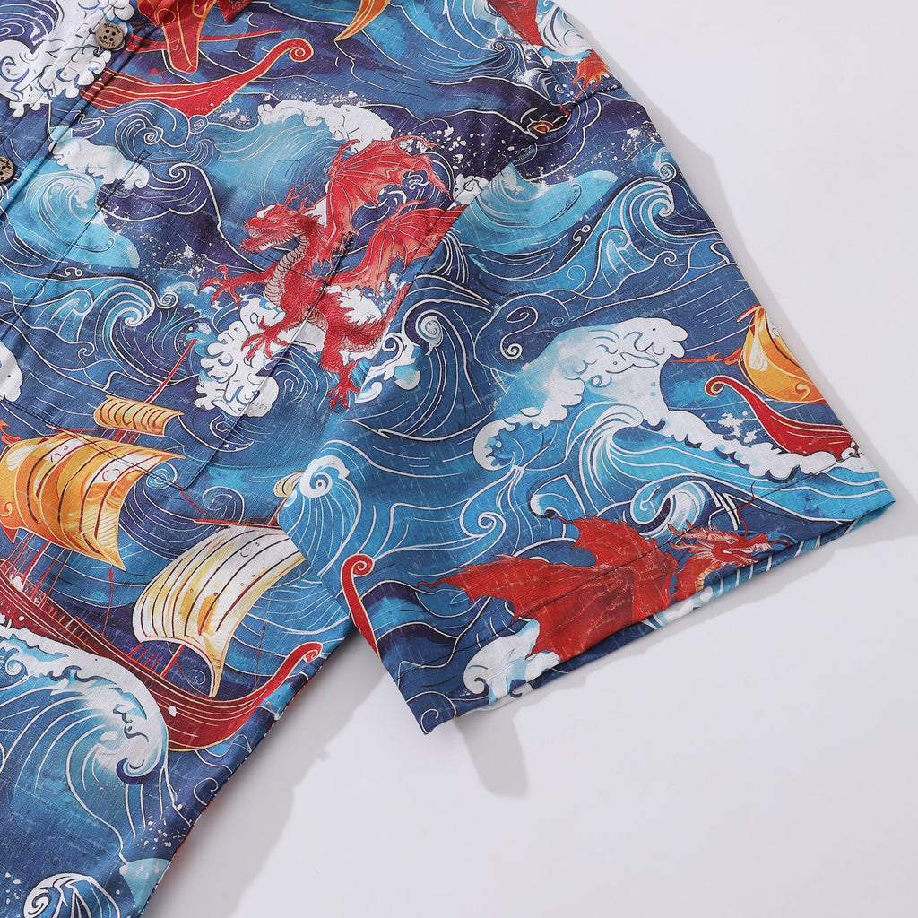 Yiume Viking Hawaiian Shirt For Men Dragon-Hunting Button-down Short Sleeve Cotton Beach Shirt Dragon-hunting Viking