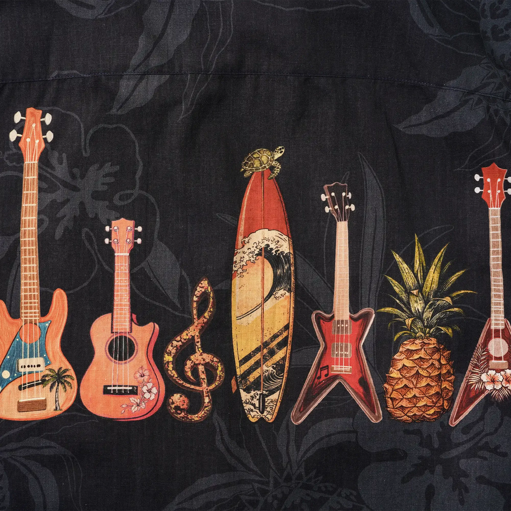 Music Men's Hawaiian Shirt Short Sleeve Camp Collar 100% Cotton Black Aloha Island Serenade