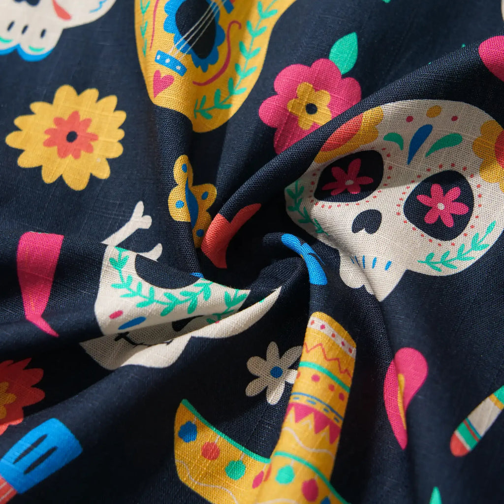 Men's Hawaiian Shirt Short Sleeve Camp Collar 100% Cotton Black Aloha Fiesta Sugar Skulls By Irina Ostapenko Mexican Style