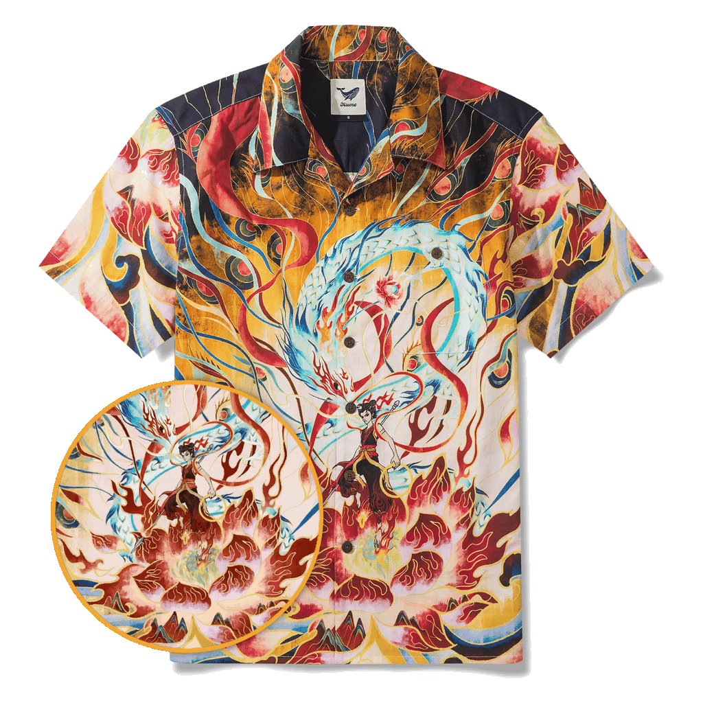 Men's Hawaiian Shirt Short Sleeve Camp Collar 100% Cotton Blue Aloha Nezha Conquers the Dragon King Eastern Legend