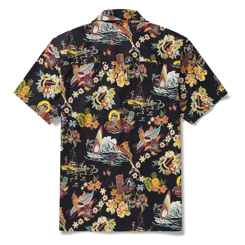 Tiki Men's Vintage Hawaiian Shirt Black Tiki Shirt Short Sleeve Camp Collar 100% Cotton Aloha Shirt Vintage Aloha