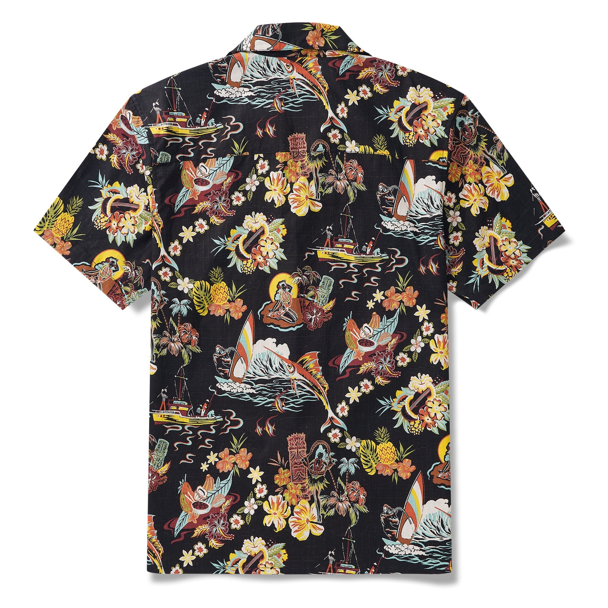 Tiki Men's Vintage Hawaiian Shirt Black Tiki Shirt Short Sleeve Camp Collar 100% Cotton Aloha Shirt Vintage Aloha