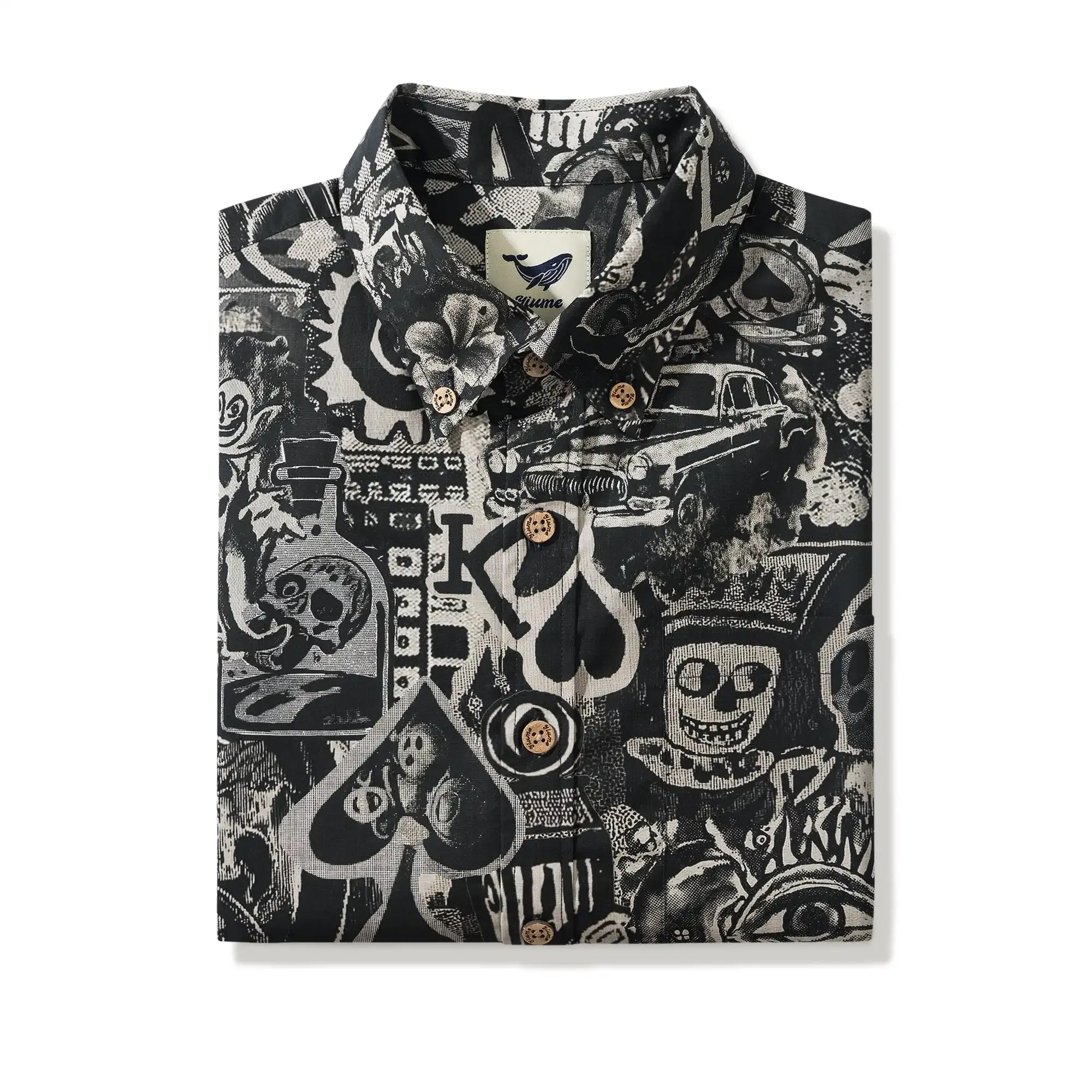 Men's Hawaiian Shirt Short Sleeve Button-down 100% Cotton Black Aloha Dark Poker Graffiti
