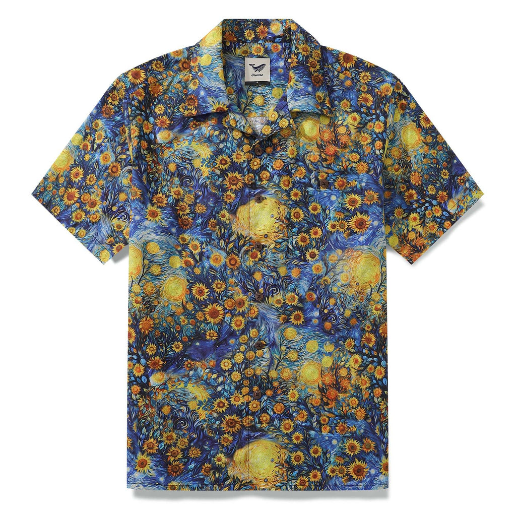 1960s Vintage Hawaiian Shirt For Men Van Gogh Sunflower Shirt 100% Cotton Camp Collar Shirt