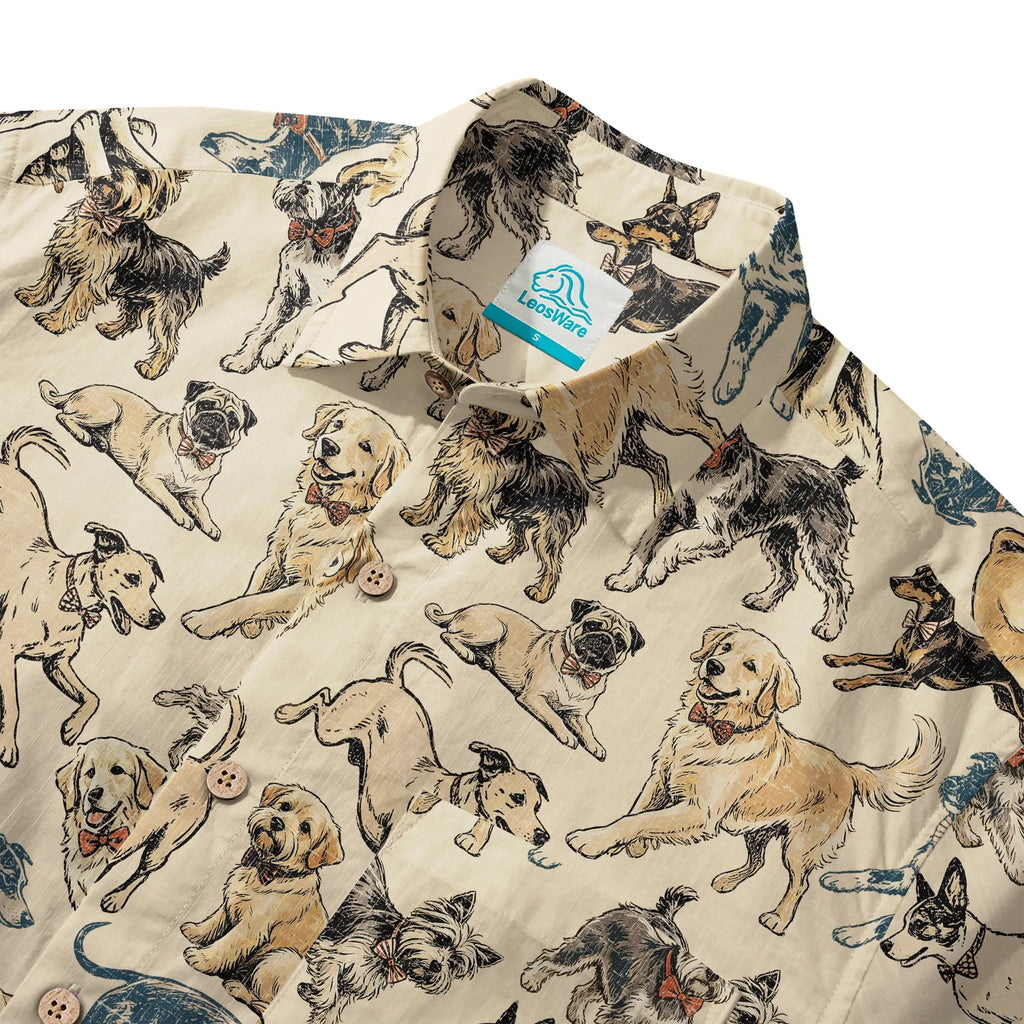 LeosWare® Dog Men's Hawaiian Shirt Short Sleeve Button-up 100% Cotton Yellow Aloha Dog Bow Tie Set