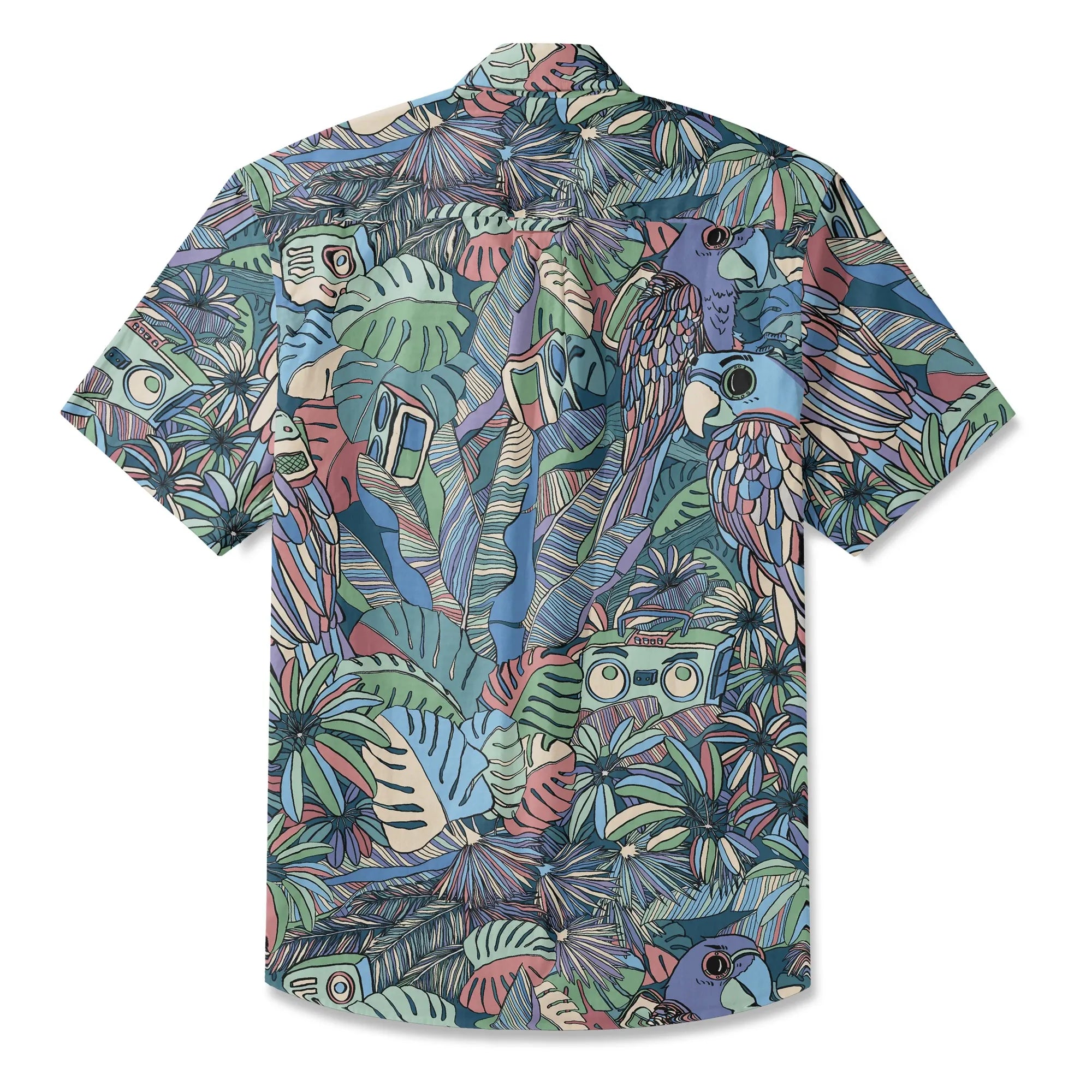 LeosWare® Men's Hawaiian Shirt Short Sleeve Button-up 100% Cotton Blue Aloha Parrot In The Enchanted Forest