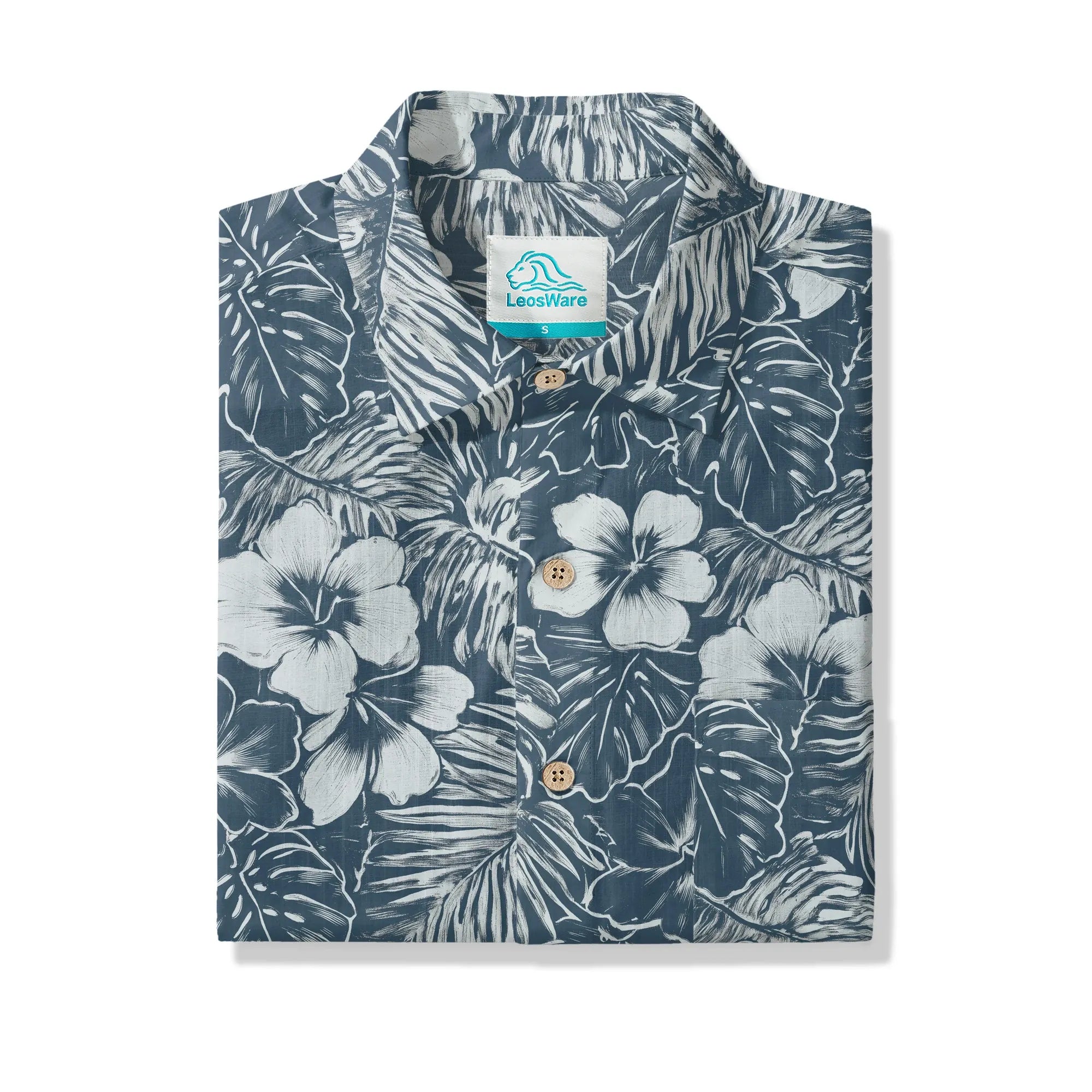 LeosWare® Hibiscus Flower Men's Hawaiian Shirt Short Sleeve Button-up 100% Cotton Blue Aloha Blue Ink Flower Shadows