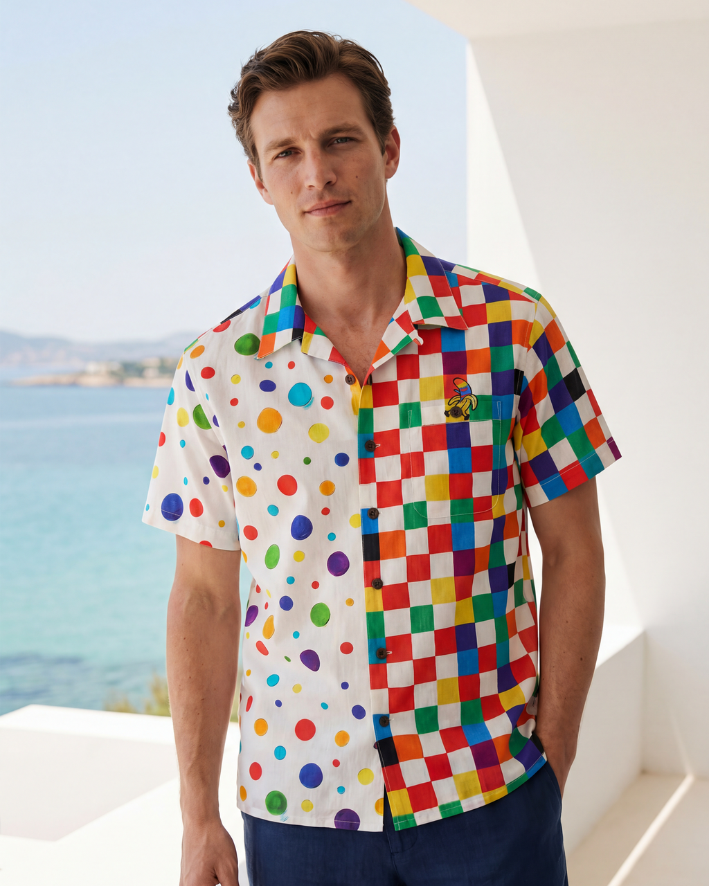 Men's Hawaiian Shirt Short Sleeve Camp Collar 100% Cotton Red Aloha Colorful Checkerboard Polka Dot Design For Fun