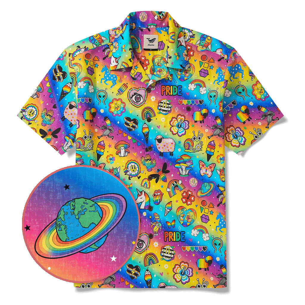 Men's Hawaiian Shirt Short Sleeve Camp Collar 100% Cotton Aloha Rainbow Pride Delight