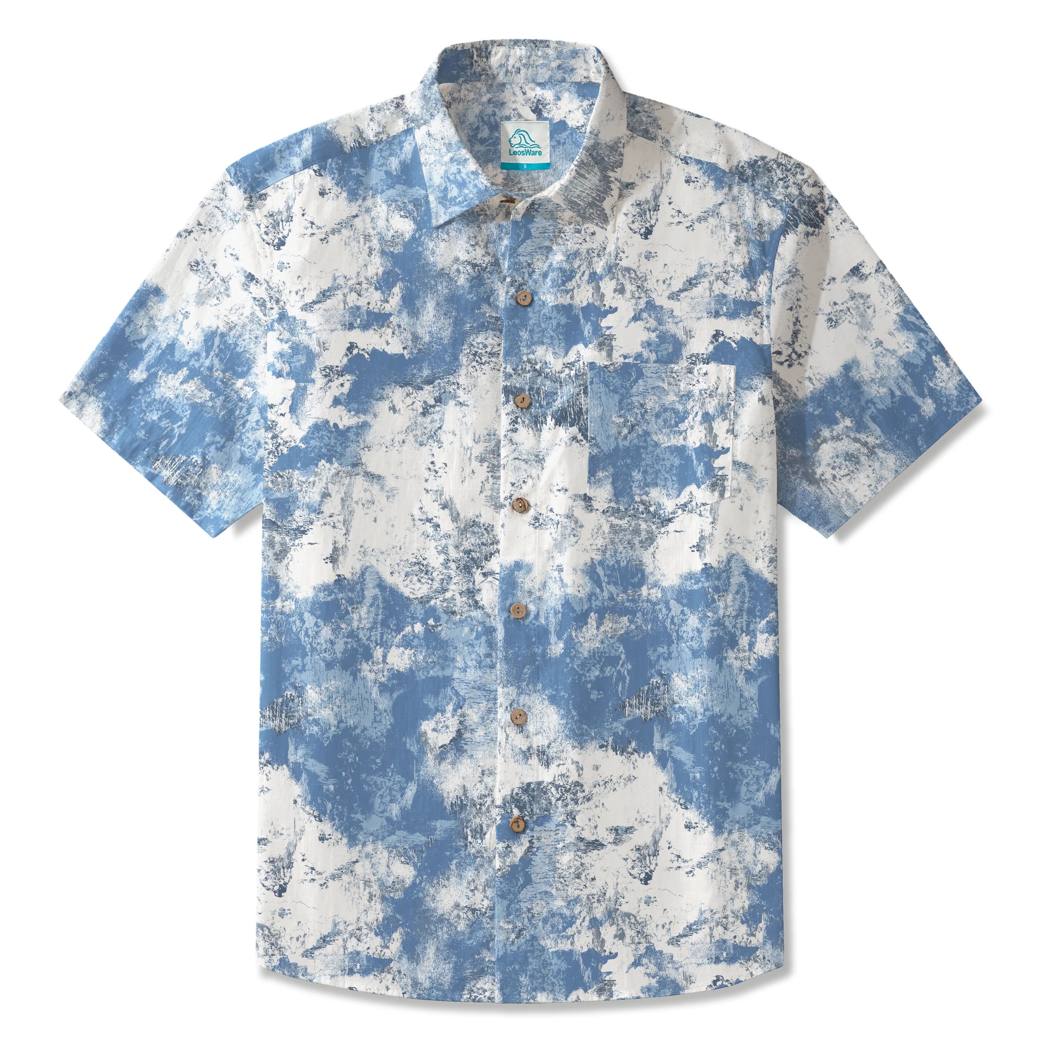 LeosWare® Men's Hawaiian Shirt Short Sleeve Button-up 100% Cotton Blue Aloha Blue And White Abstract Dream