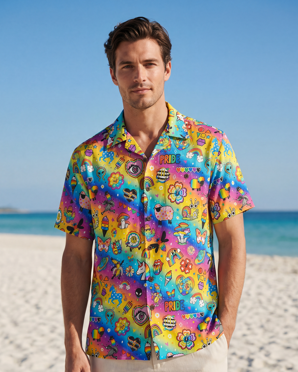 Men's Hawaiian Shirt Short Sleeve Camp Collar 100% Cotton Aloha Rainbow Pride Delight