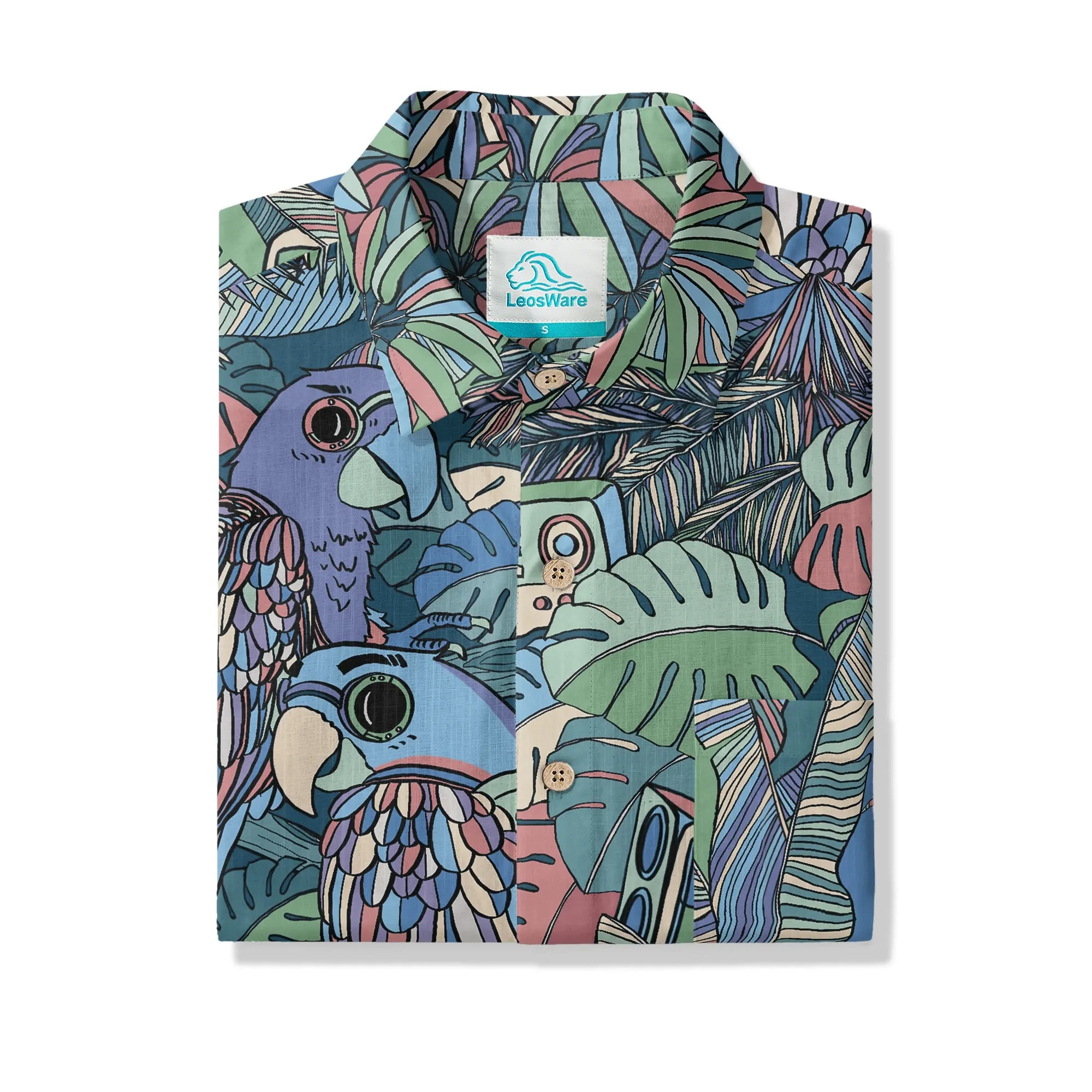 LeosWare® Men's Hawaiian Shirt Short Sleeve Button-up 100% Cotton Blue Aloha Parrot In The Enchanted Forest