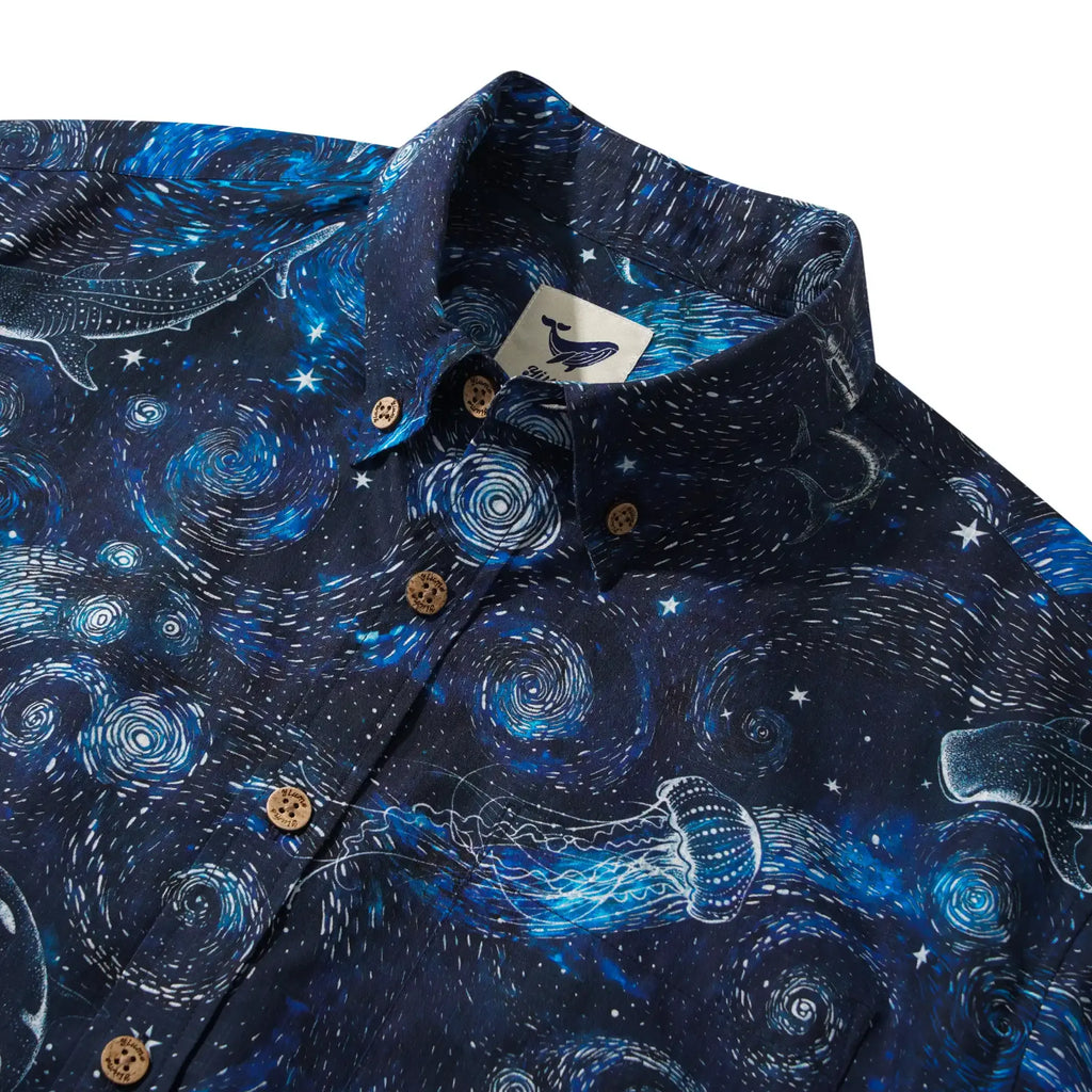 Men's Hawaiian Shirt Short Sleeve Button-down 100% Cotton Blue Aloha Dreams Of The Starry Sea Jellyfish Whale