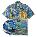 Men's Hawaiian Shirt Short Sleeve Camp Collar 100% Cotton Blue Aloha Starry Night Cat Fantasy