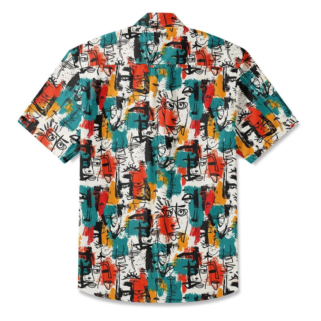 LeosWare® Men's Hawaiian Shirt Short Sleeve Button-up 100% Cotton Aloha Face Doodle
