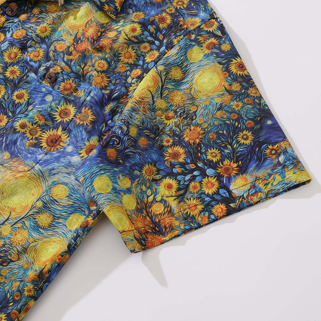 1960s Vintage Hawaiian Shirt For Men Van Gogh Sunflower Shirt 100% Cotton Camp Collar Shirt