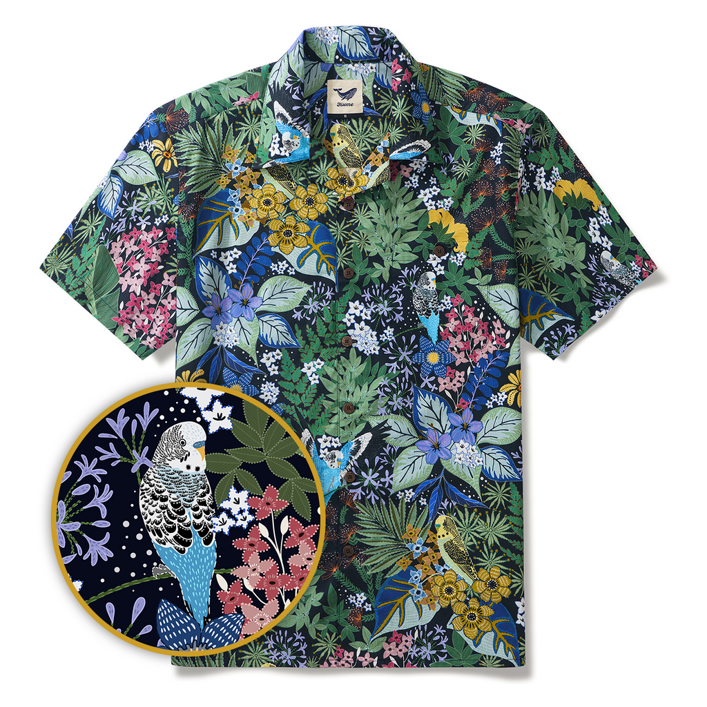 Yiume Tropical Hawaiian Shirt For Men 100% Cotton Short Sleeve Green Camp Collar Parrot Aloha Shirt Parrot's Garden