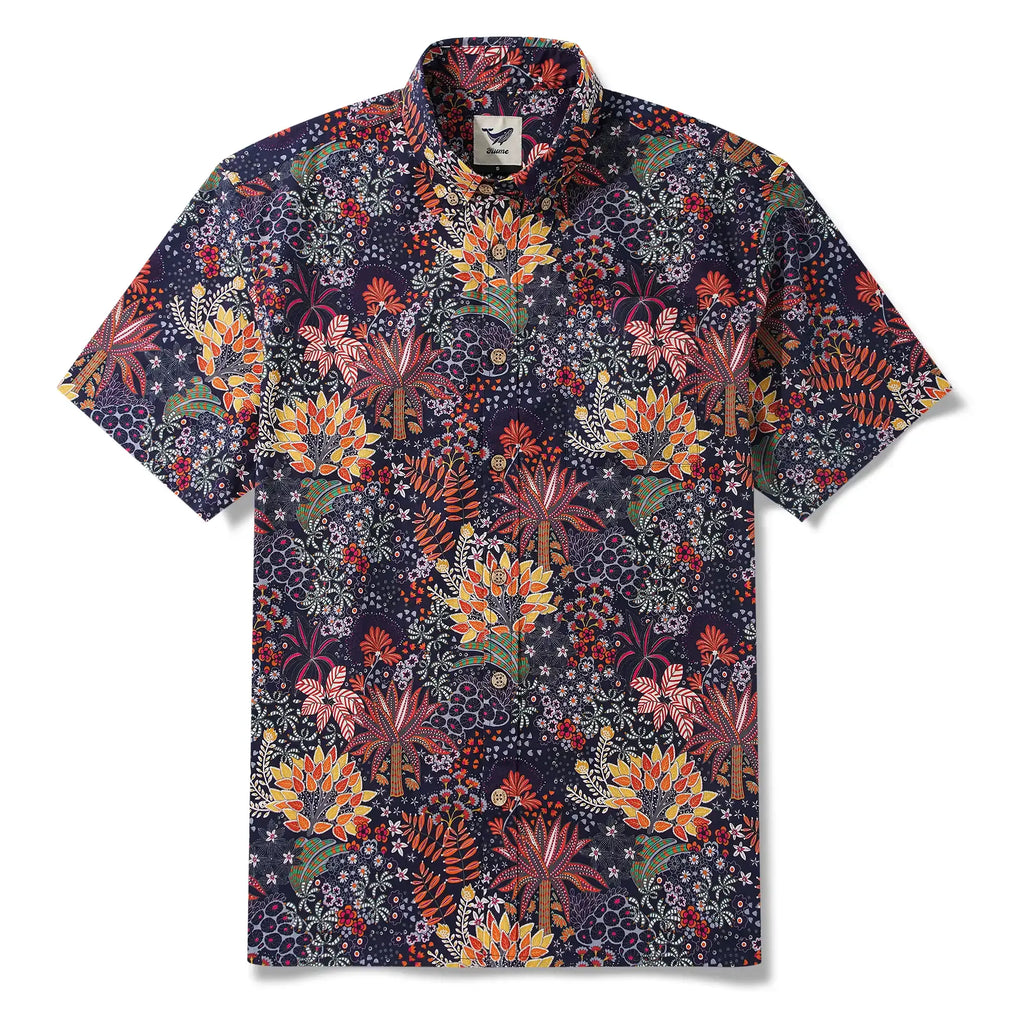 1950s Tropical Hawaiian Shirt For Men Print Short Sleeve 100% Cotton Red Shirt Aloha Quirky Plants