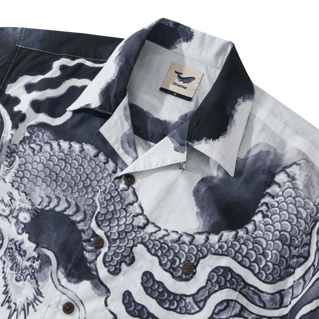 Dragon Riding the Clouds By Ayang 100% Cotton Men's Aloha Hawaiian Short Sleeve Camp Collar Shirt