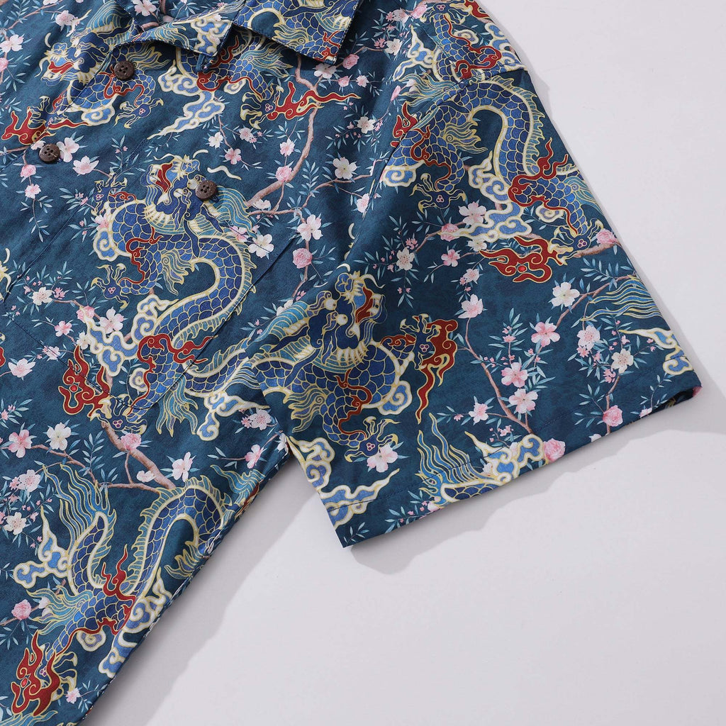 Hawaiian Shirt For Men Dragon Shirt Floral Rhythm Print Shirt Camp Collar 100% Cotton Dragon's Floral Rhythm