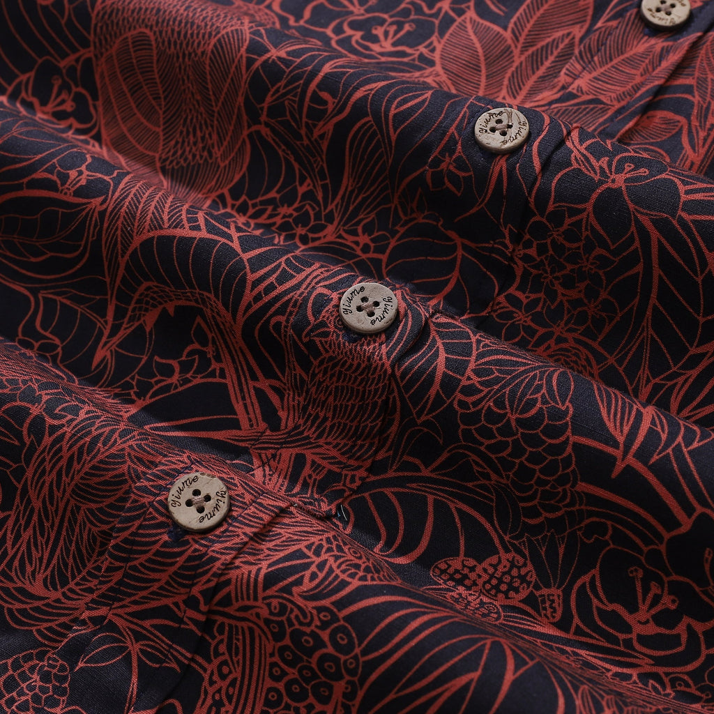 Men's Breathable Shirt Red Hawaiian Shirt Birds Print 100% Cotton Short Sleeve Button-down Shirt