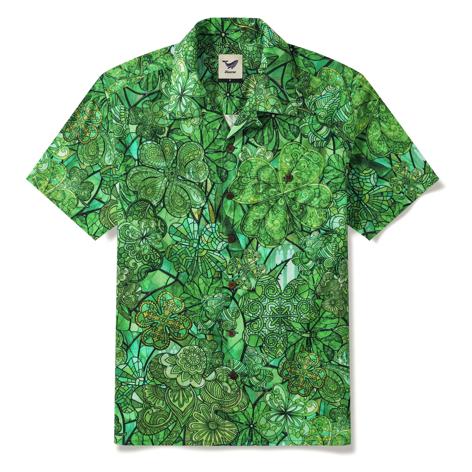 St. Patrick's Day Gift Men's Hawaiian Shirt Short Sleeve Camp Collar 100% Cotton Green Aloha Green Glass Lucky Four-leaf Clover