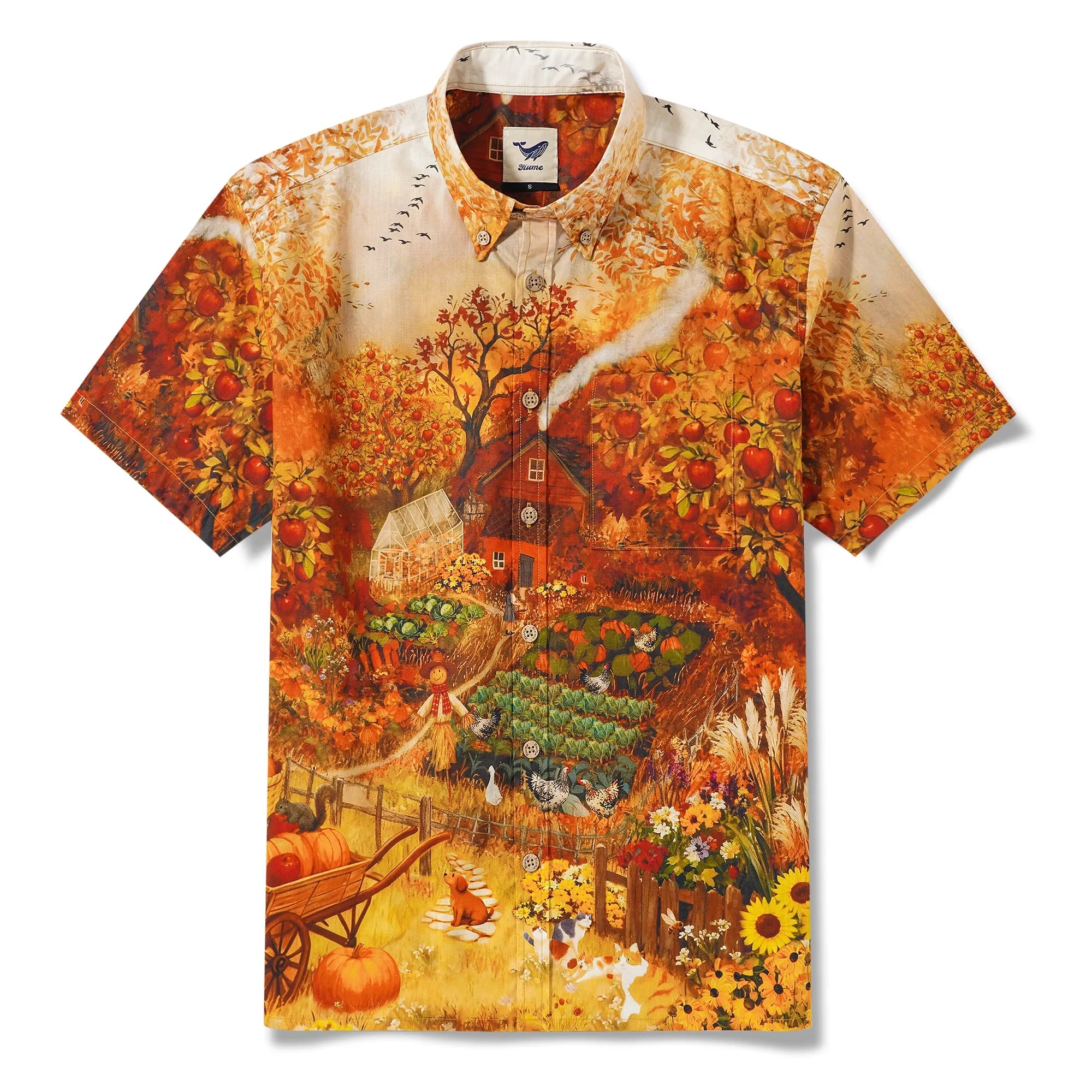 Men's Hawaiian Shirt Short Sleeve Button-down 100% Cotton Yellow Aloha Autumn Countryside Charms Fall Apple Cat Dog Countryside Yard Harvest