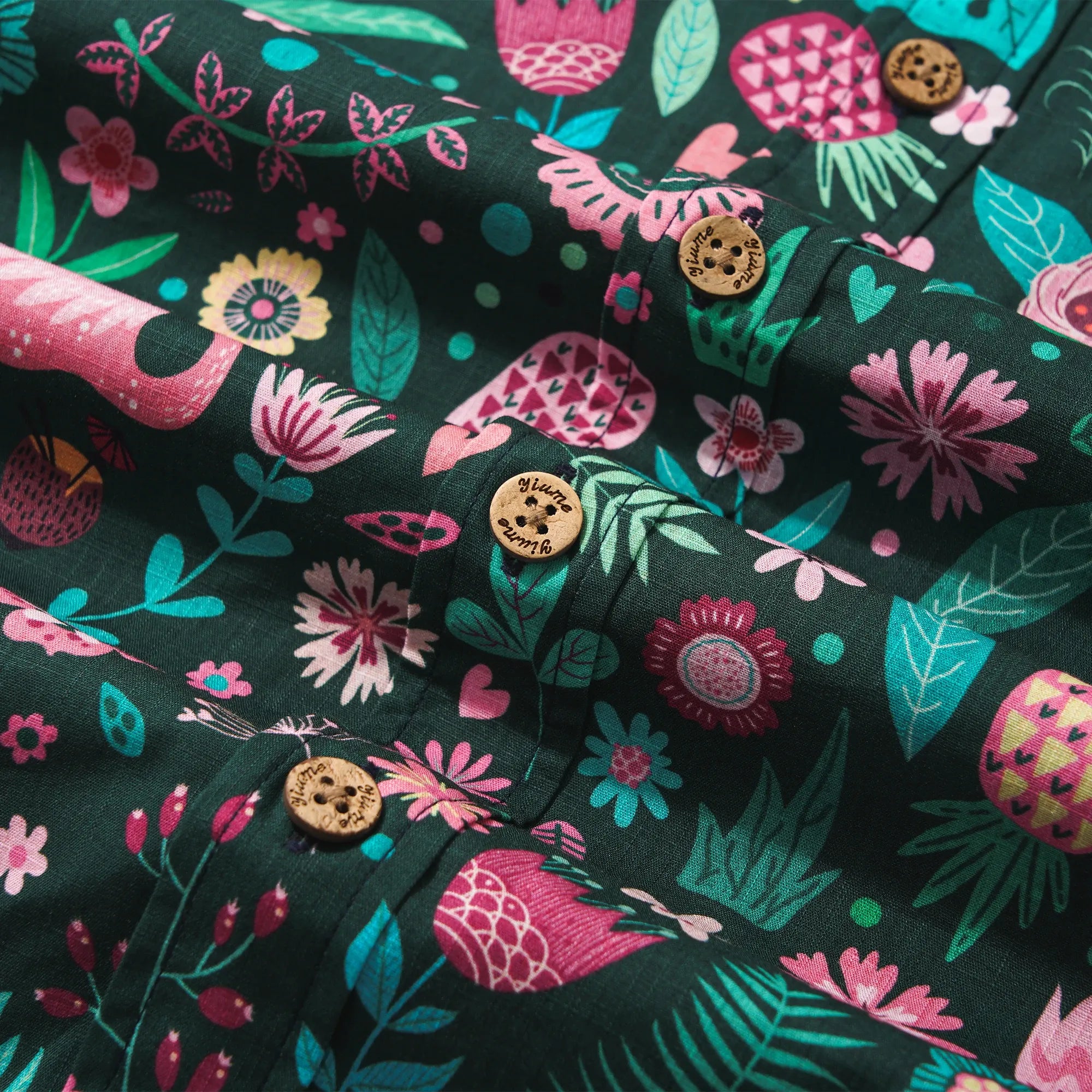 Men's Hawaiian Shirt Short Sleeve Button-down 100% Cotton Green Aloha Blush in the Jungle Flamingo