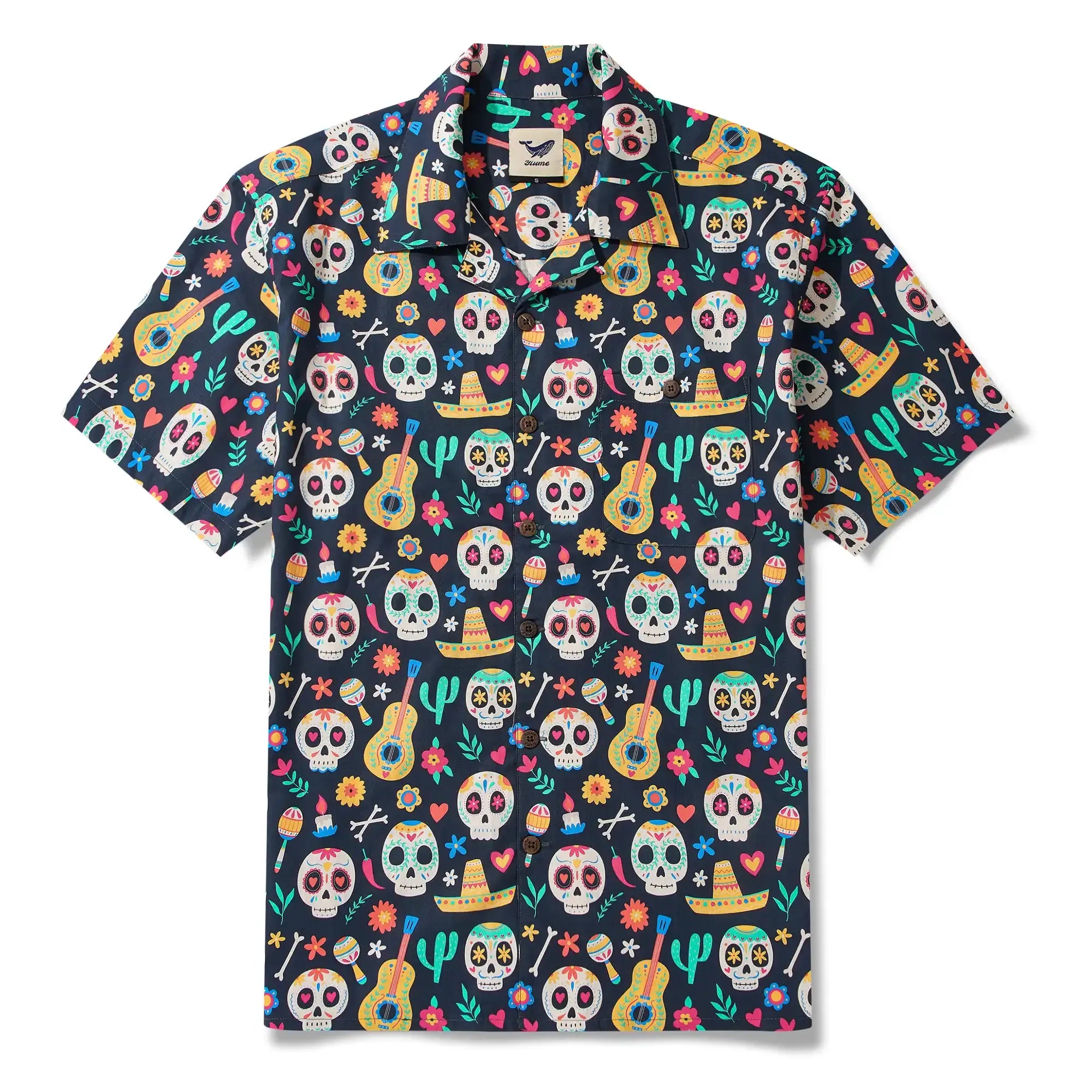 Men's Hawaiian Shirt Short Sleeve Camp Collar 100% Cotton Black Aloha Fiesta Sugar Skulls By Irina Ostapenko Mexican Style
