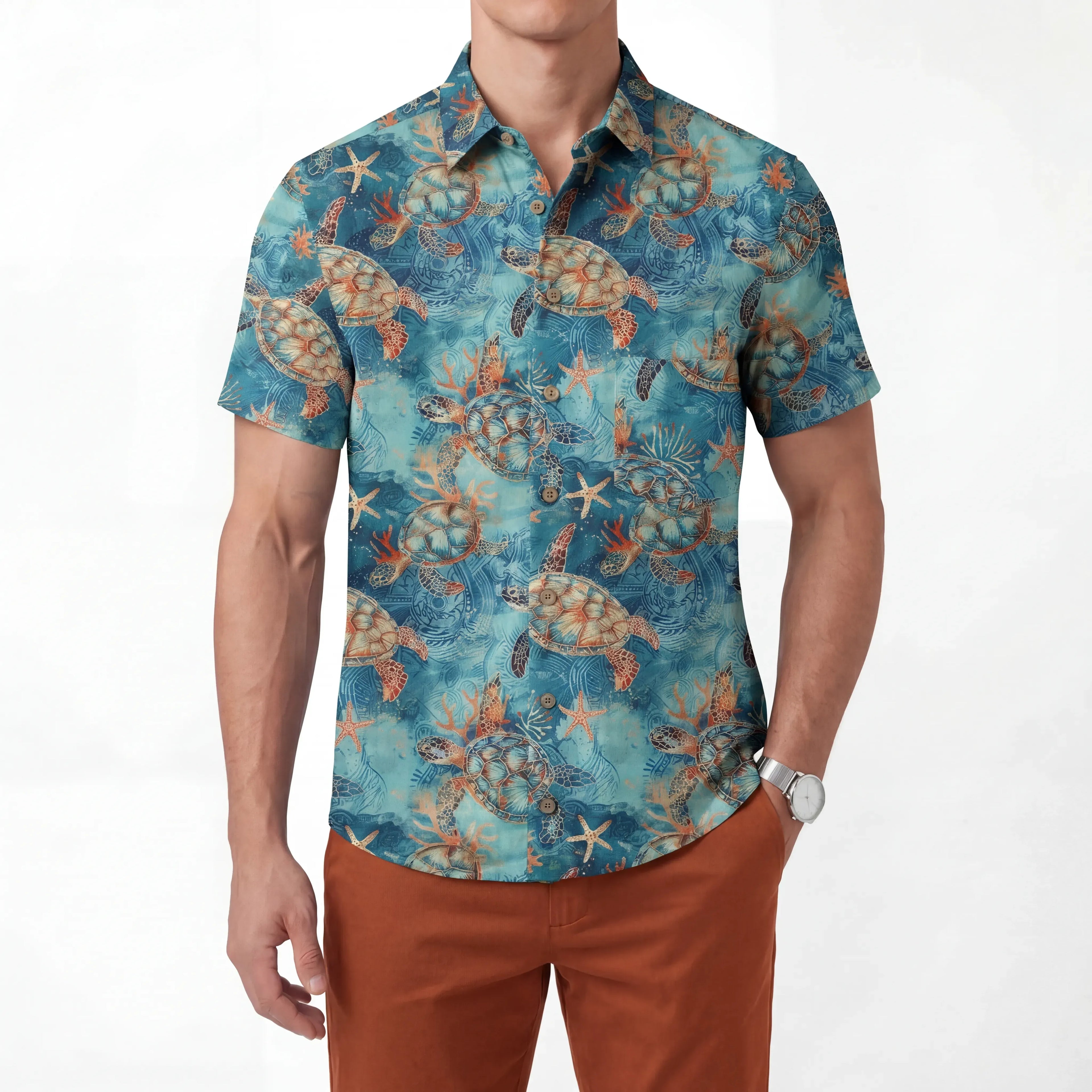 LeosWare® Men's Hawaiian Shirt Short Sleeve Button-up 100% Cotton Blue Aloha Golden Turtle Sea