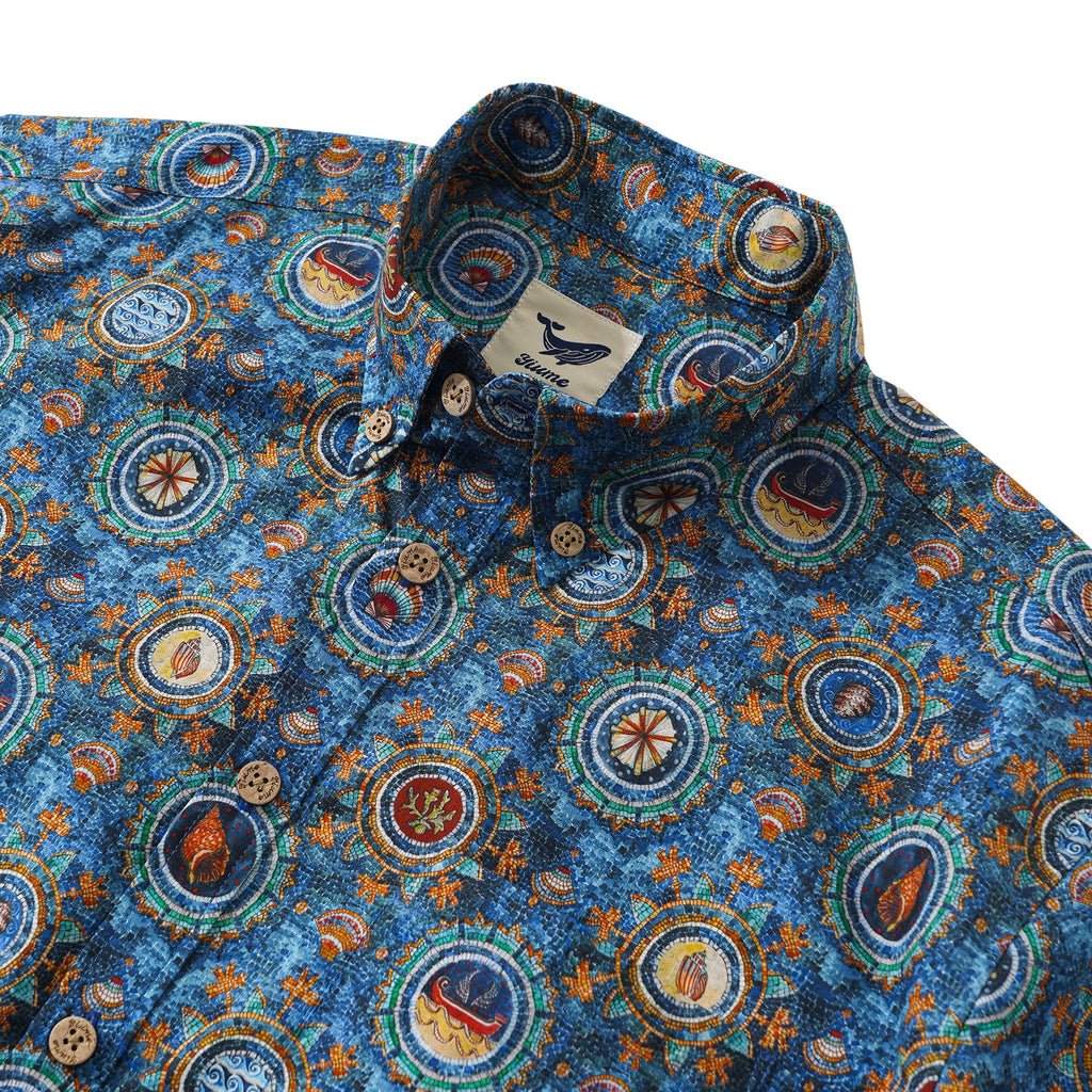 Men's Hawaiian Shirt Short Sleeve Button-down 100% Cotton Blue Aloha Shell Mosaic