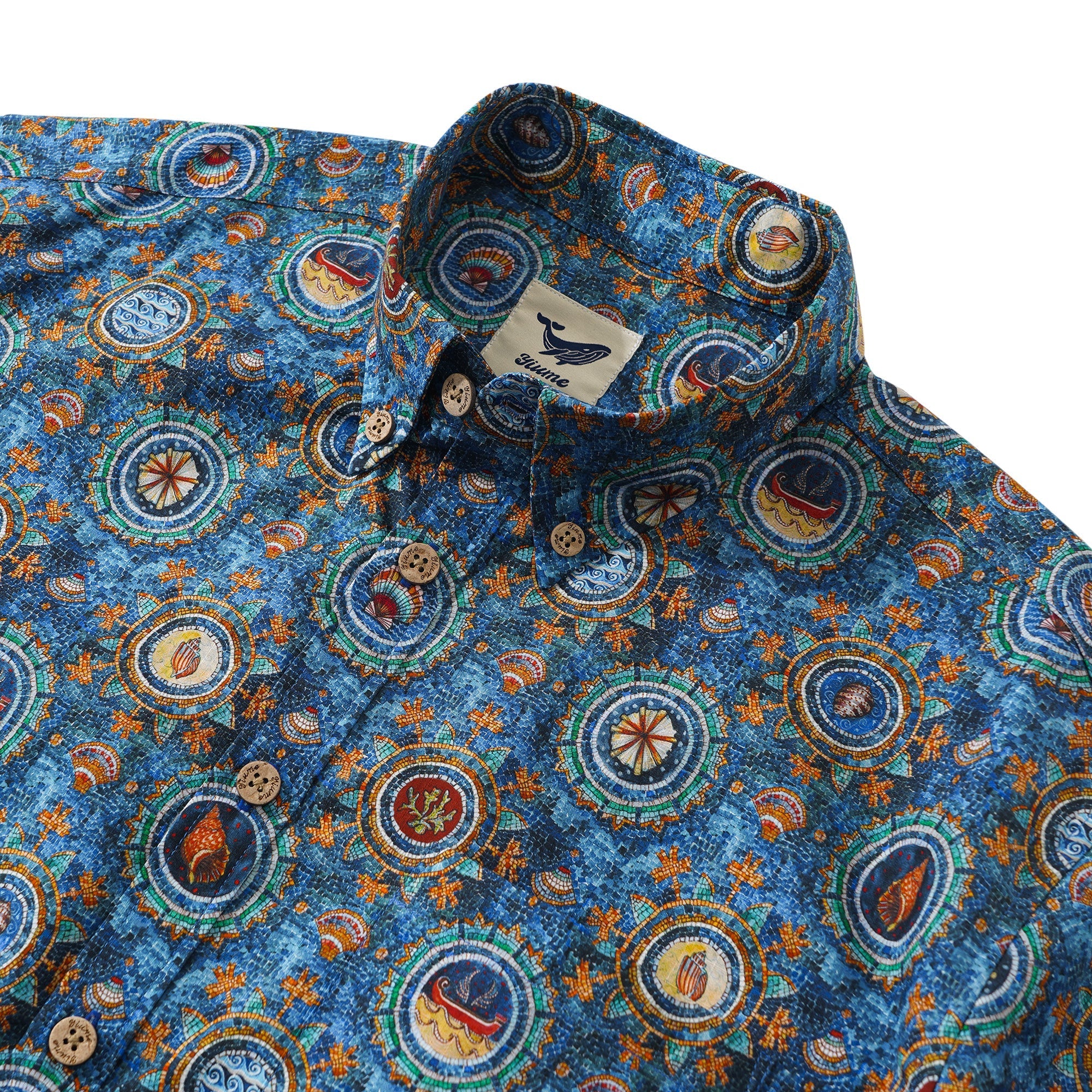 Men's Hawaiian Shirt Short Sleeve Button-down 100% Cotton Blue Aloha Shell Mosaic