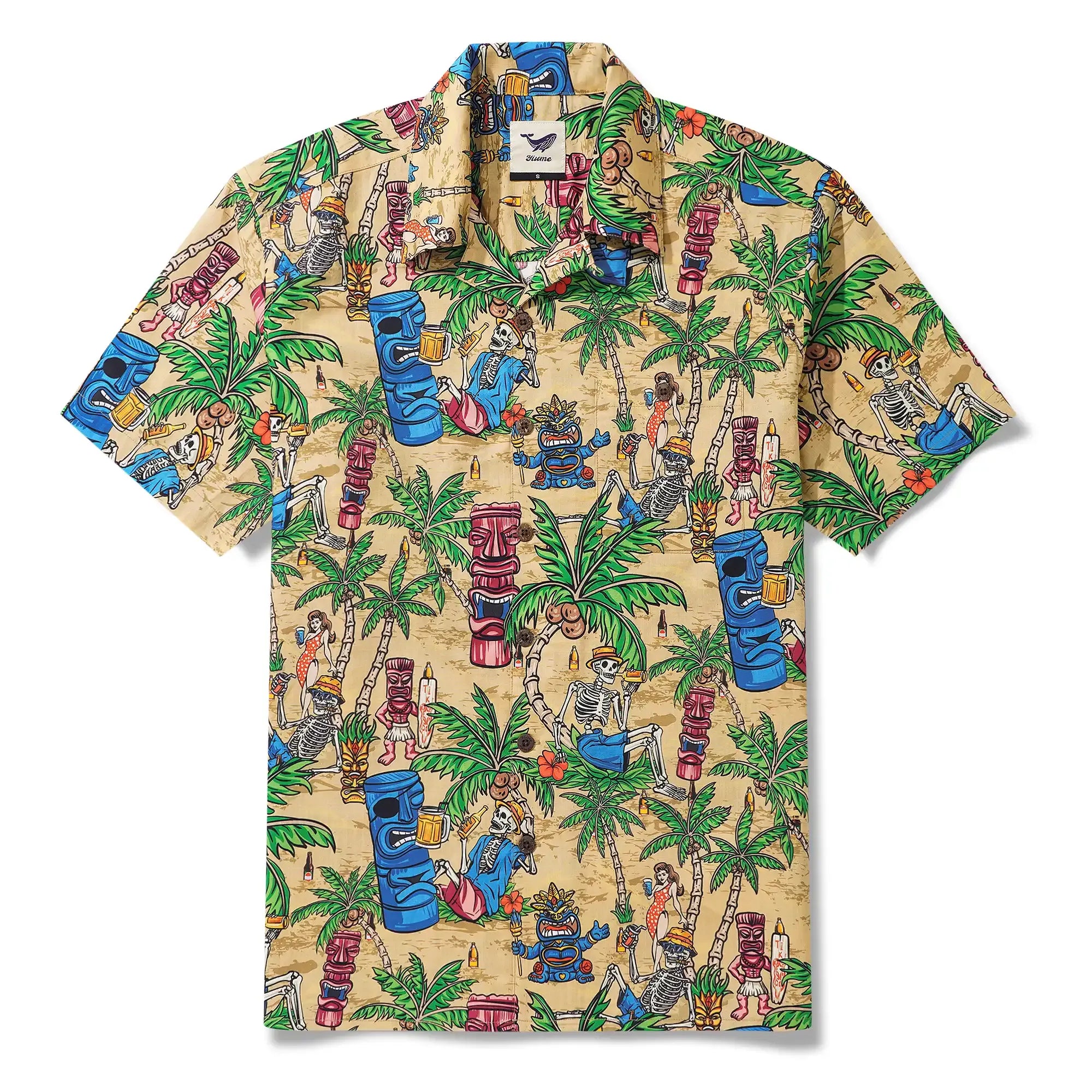 Men's Hawaiian Shirt Short Sleeve Camp Collar 100% Cotton Green Aloha Tiki Seaside Bash