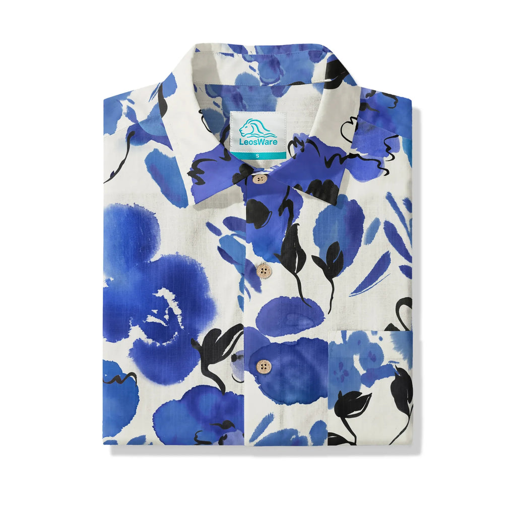 LeosWare® Men's Hawaiian Shirt Short Sleeve Button-up 100% Cotton Blue Aloha Ink Blue Florals