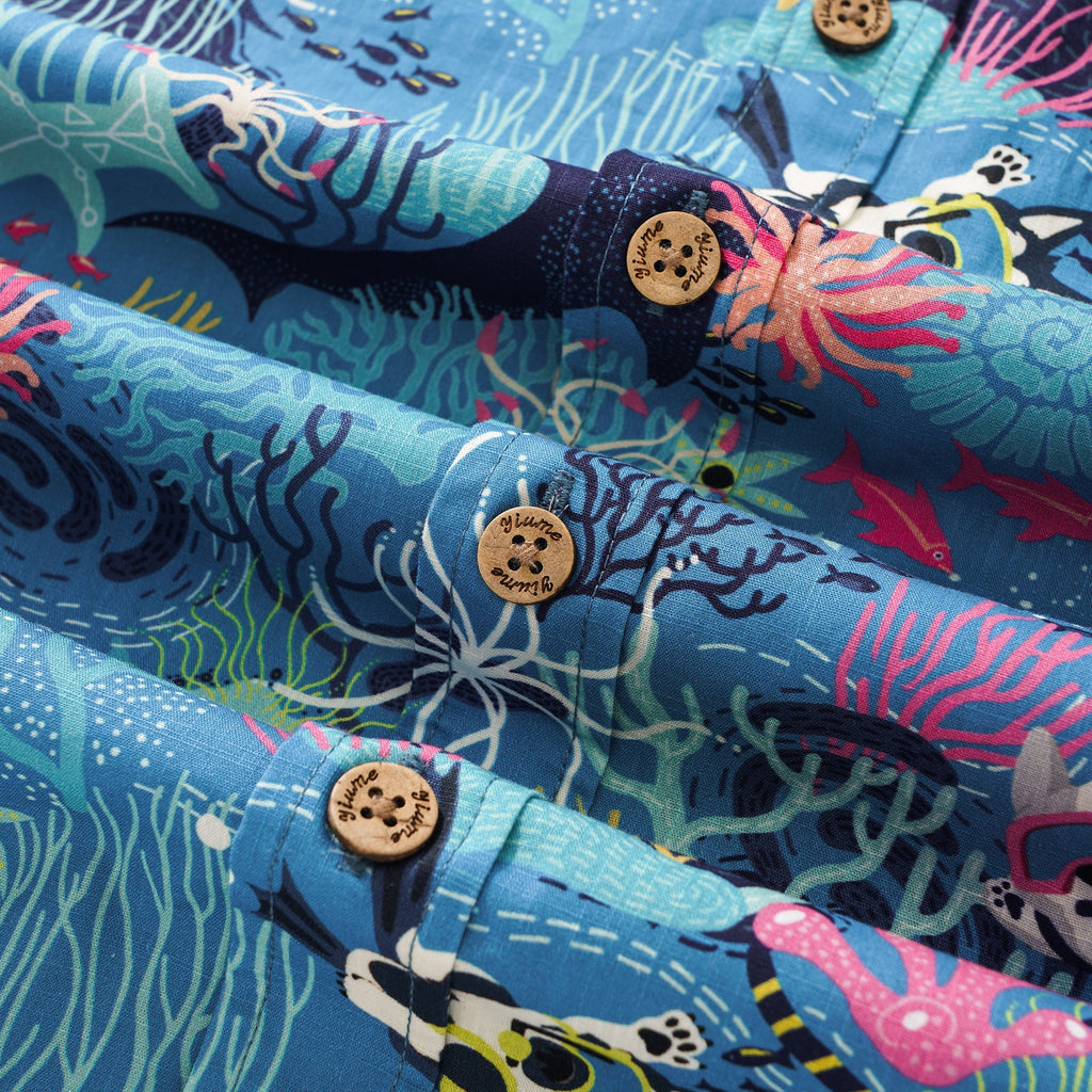 Men's Blue Hawaiian Shirt Fish & Turtle Shirt Short Sleeve Button-down 100% Cotton Blue Aloha Dive Pup