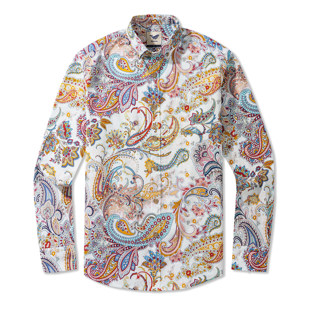 Dance of Paisley 100% Cotton Men's Long Sleeve Button-down Shirt White Aloha Hawaiian