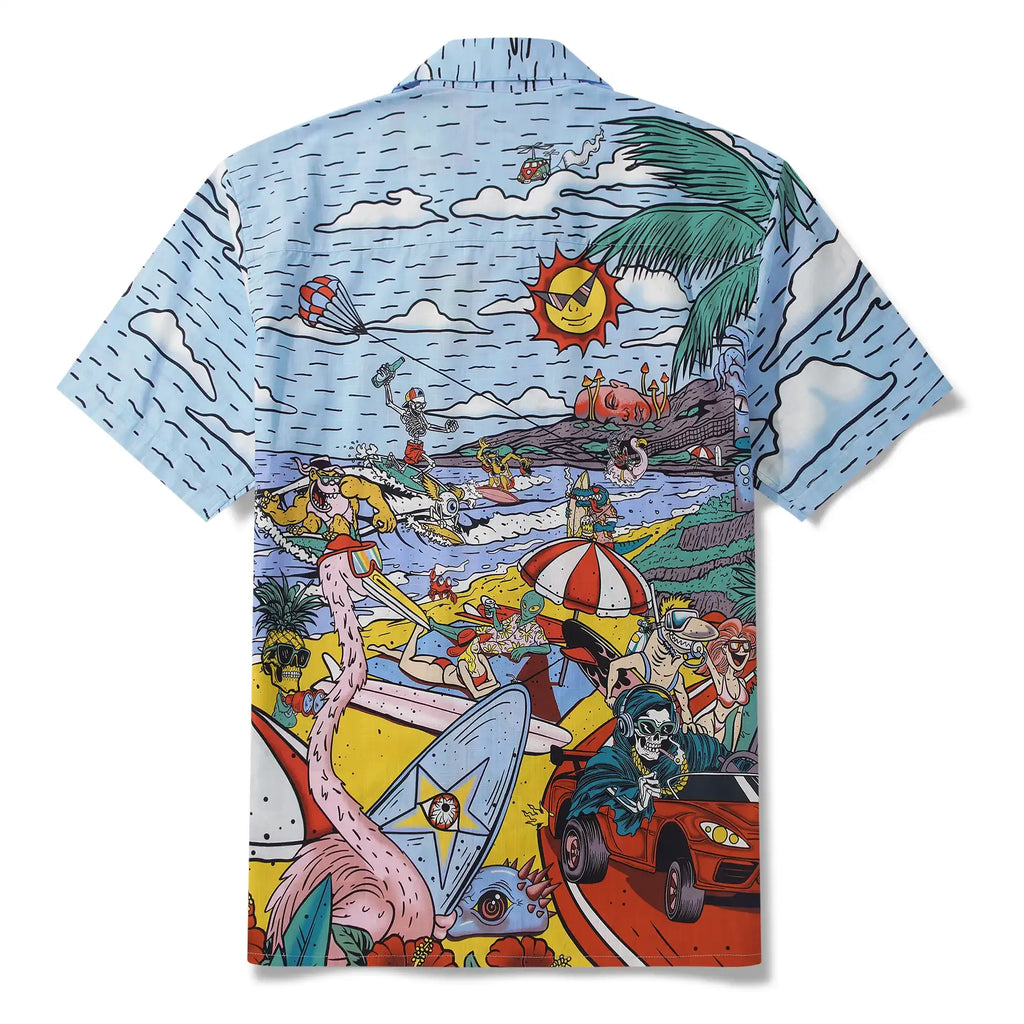 Alien Flamingo Men's Hawaiian Shirt Short Sleeve Camp Collar 100% Cotton Blue Beach Surfing Party Aloha Cosmic Coast Chaos
