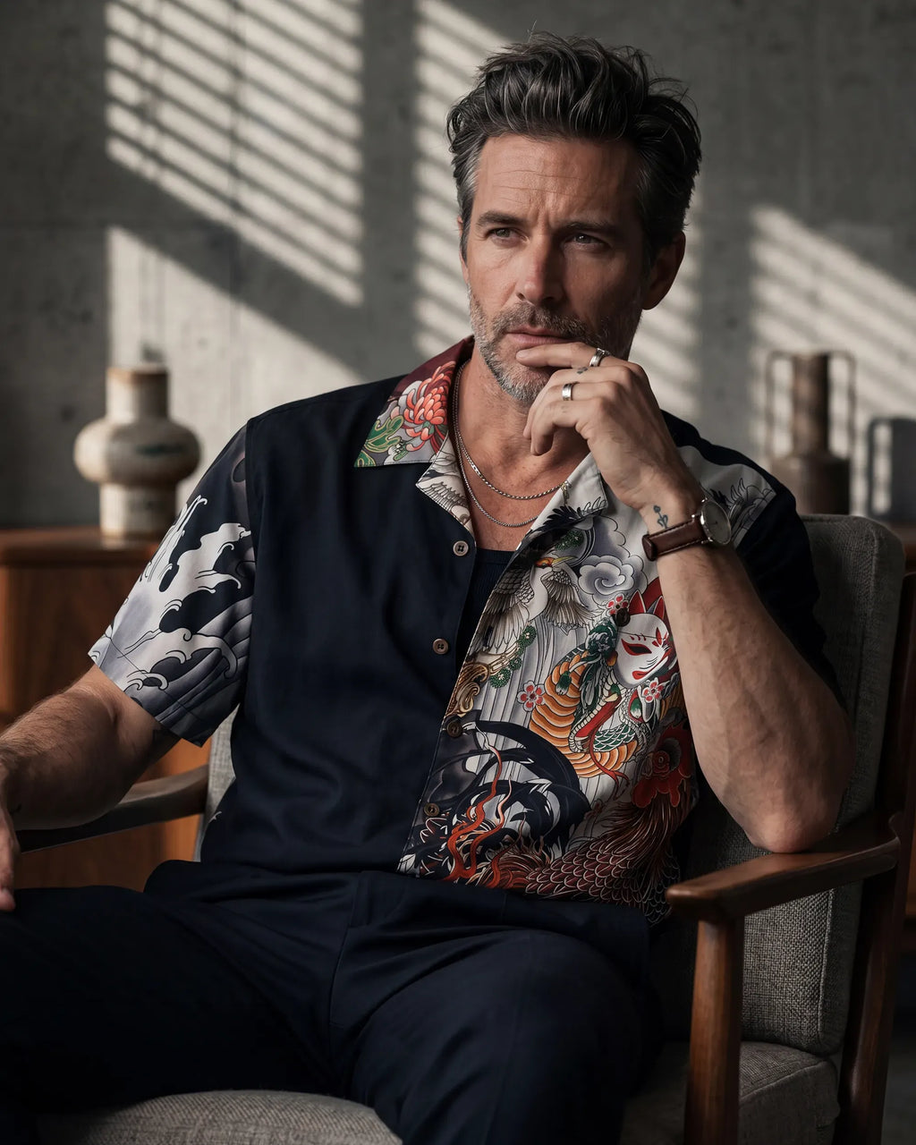 Men's Hawaiian Shirt Short Sleeve Camp Collar 100% Cotton Black Kitsune Mask And Rooster Aloha The Edo Mythos