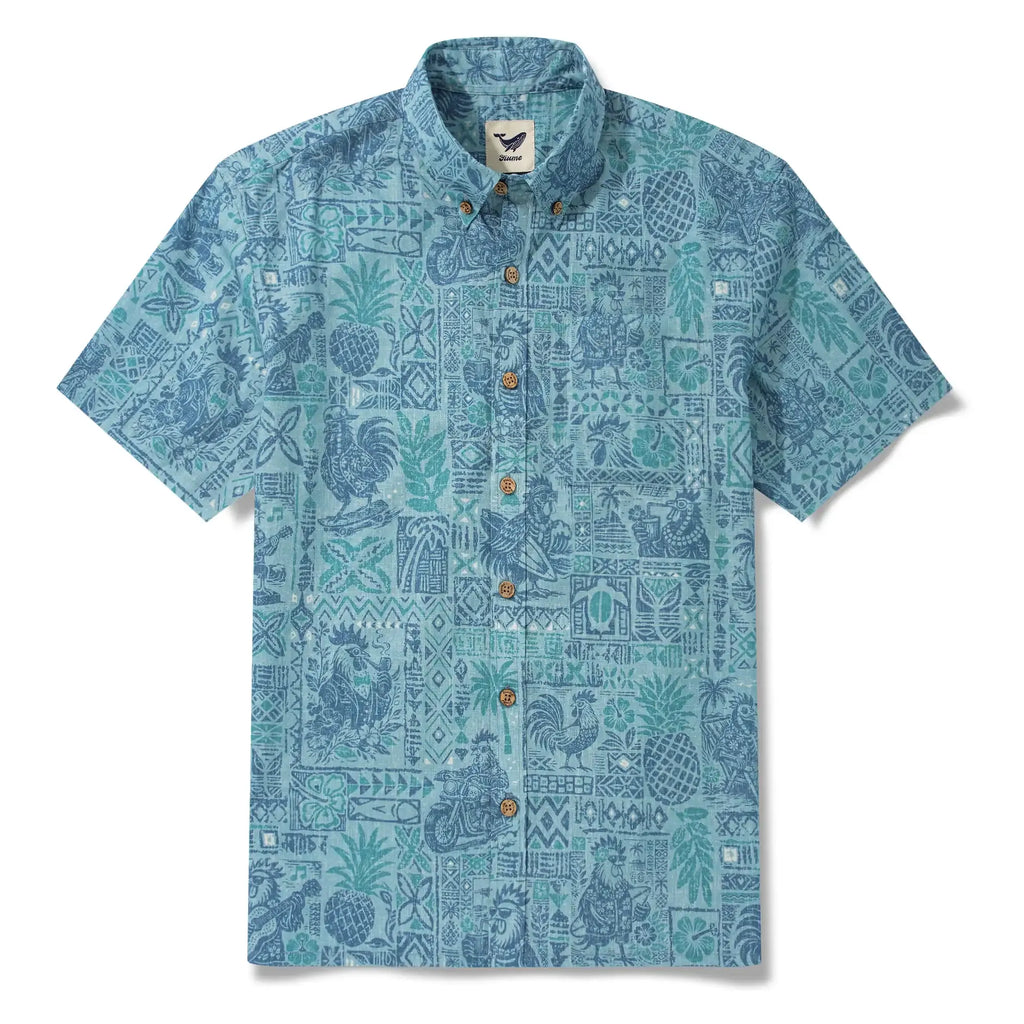 Men's Hawaiian Shirt Short Sleeve Button-down 100% Cotton Blue Rooster Aloha The Bone Voyage
