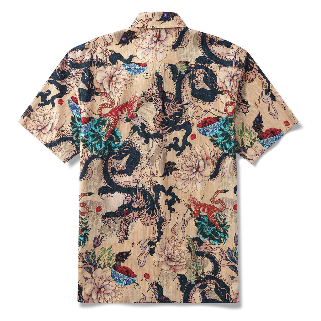 Dragon Shirt 100% Cotton Hawaiian Shirt Men's Short Sleeve Button-down Shirt Aloha Shirt Dragon Dance And Cherry Blossoms