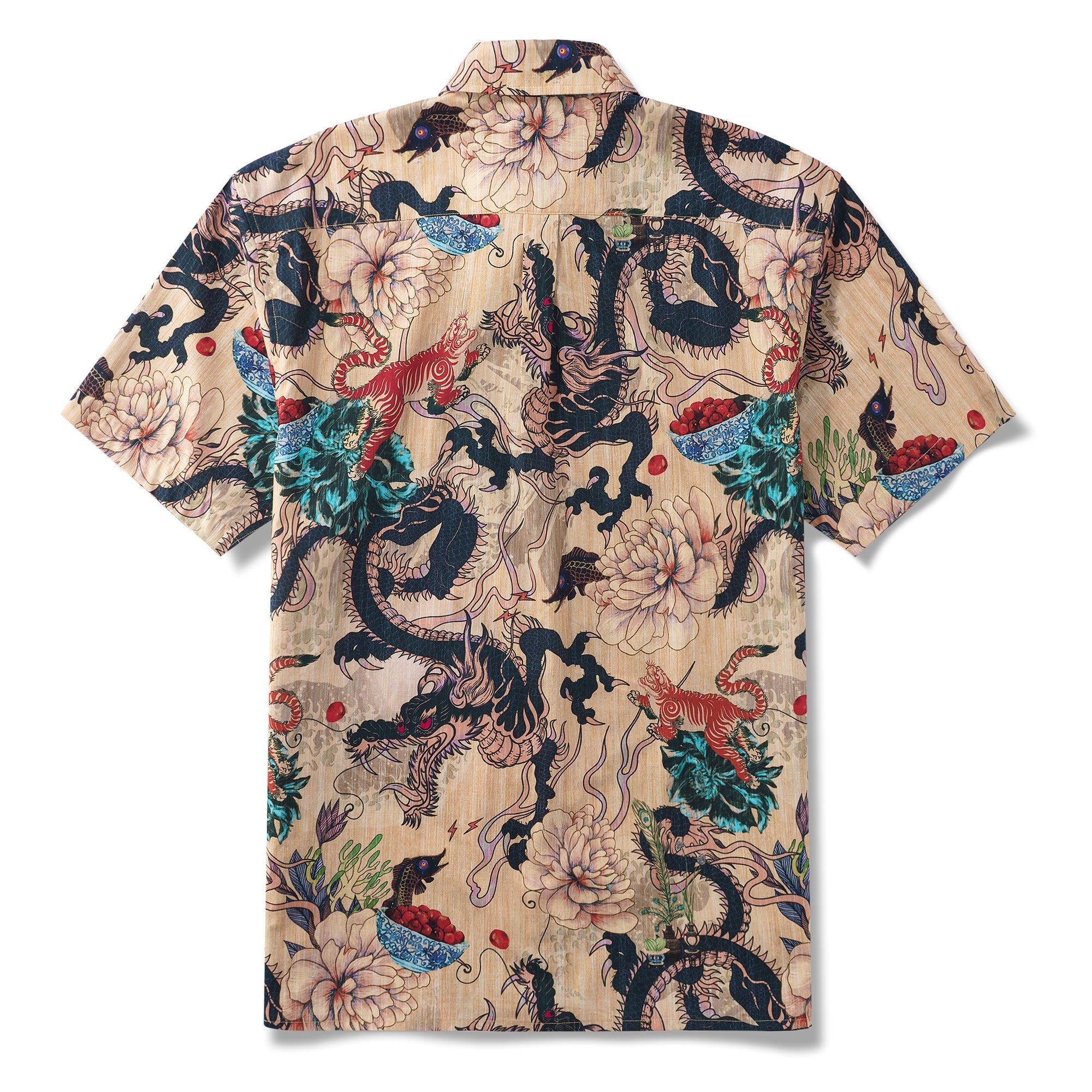 Dragon Shirt 100% Cotton Hawaiian Shirt Men's Short Sleeve Button-down Shirt Aloha Shirt Dragon Dance And Cherry Blossoms
