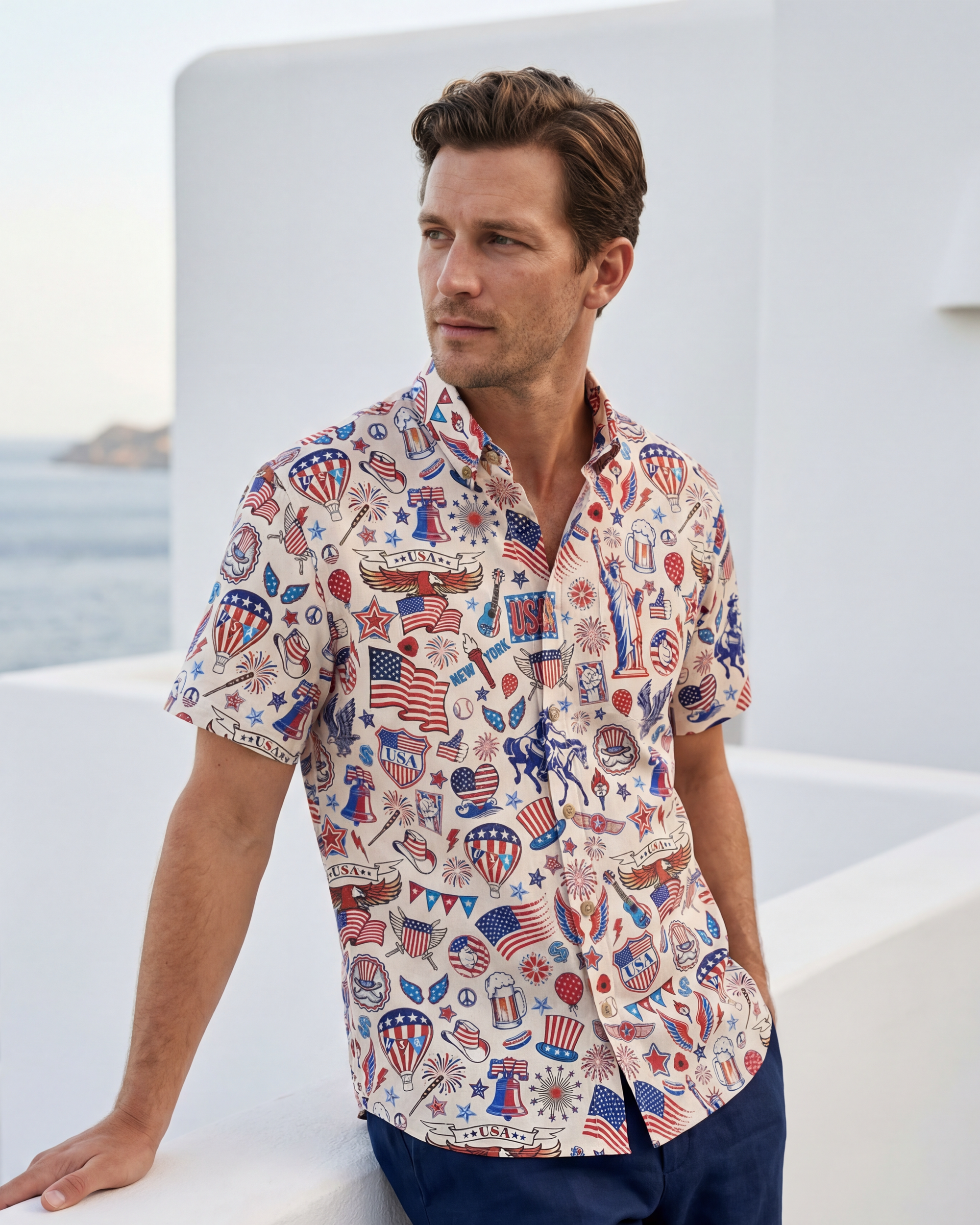 Men's Hawaiian Shirt Short Sleeve Button-down 100% Cotton Blue Red Aloha Liberty’s Patriot Canvas