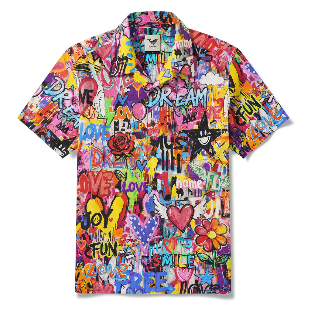 Men's Hawaiian Shirt Short Sleeve Camp Collar 100% Cotton Aloha Artistic Love Graffiti Fun