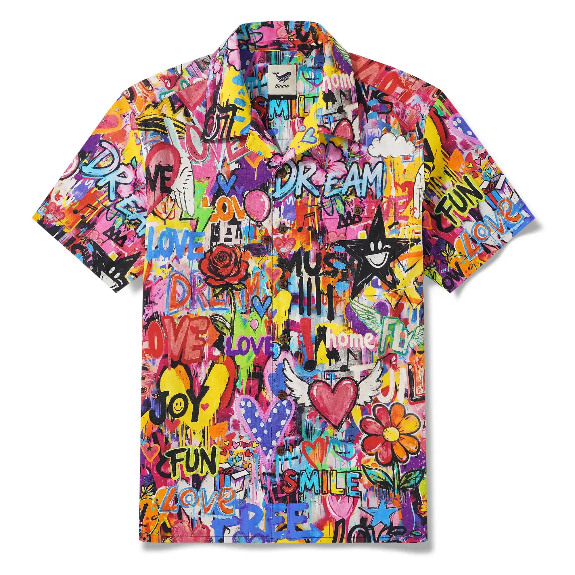 Men's Hawaiian Shirt Short Sleeve Camp Collar 100% Cotton Aloha Artistic Love Graffiti Fun