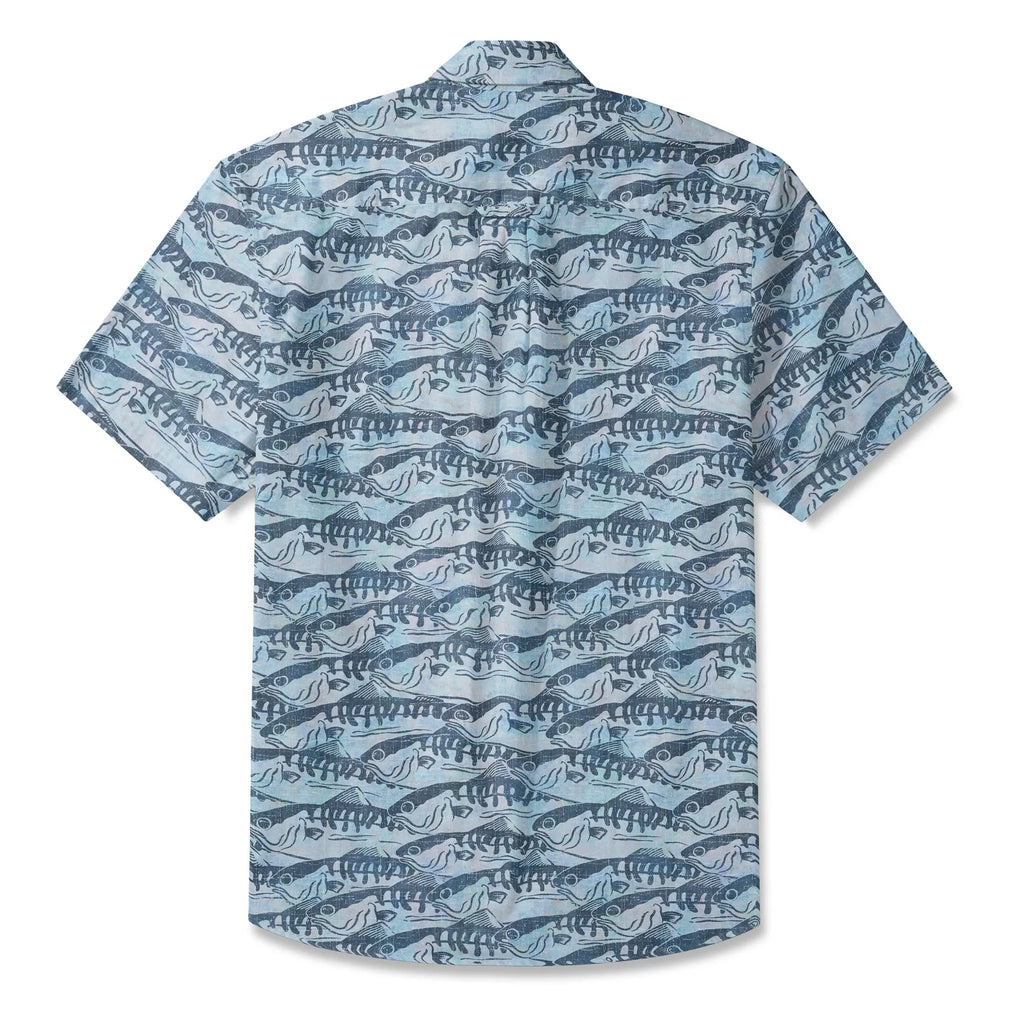 LeosWare® Men's Hawaiian Shirt Short Sleeve Button-up 100% Cotton Blue Aloha Ink Wave Fish Formation